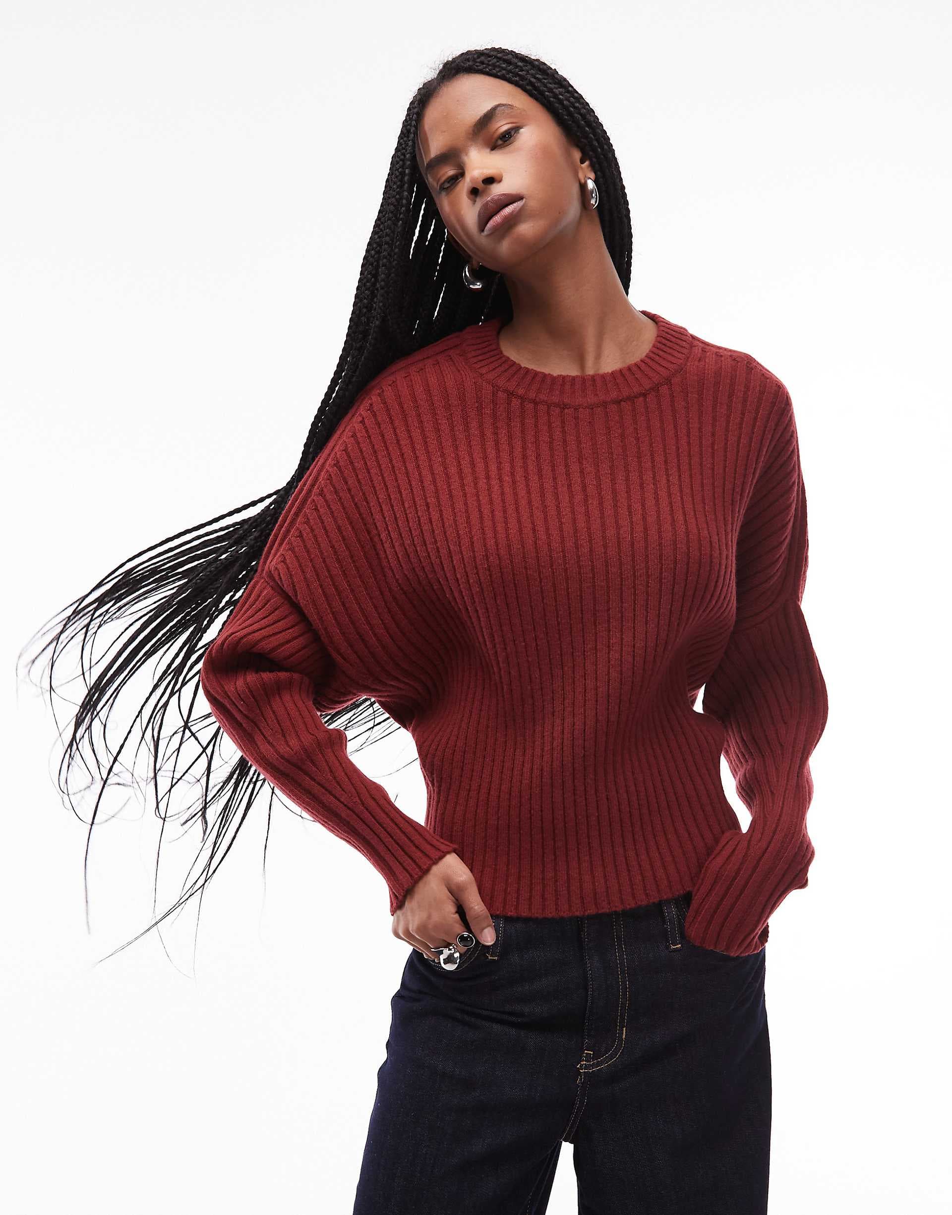 ARKET pure wool ribbed sweater with cinched waist and batwing sleeves in rust
