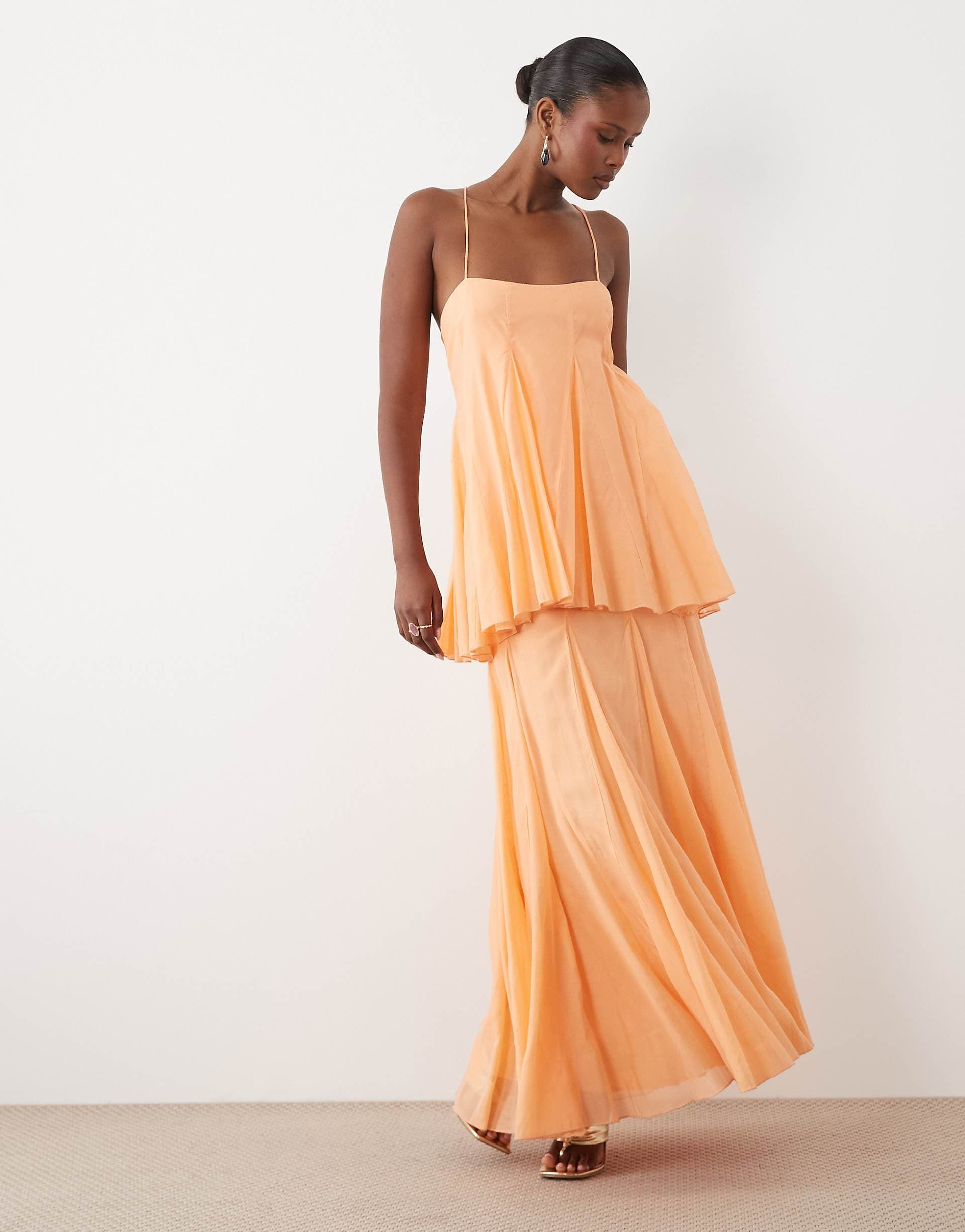 ASOS DESIGN premium tiered cami maxi dress with godet full hem skirt in light coral