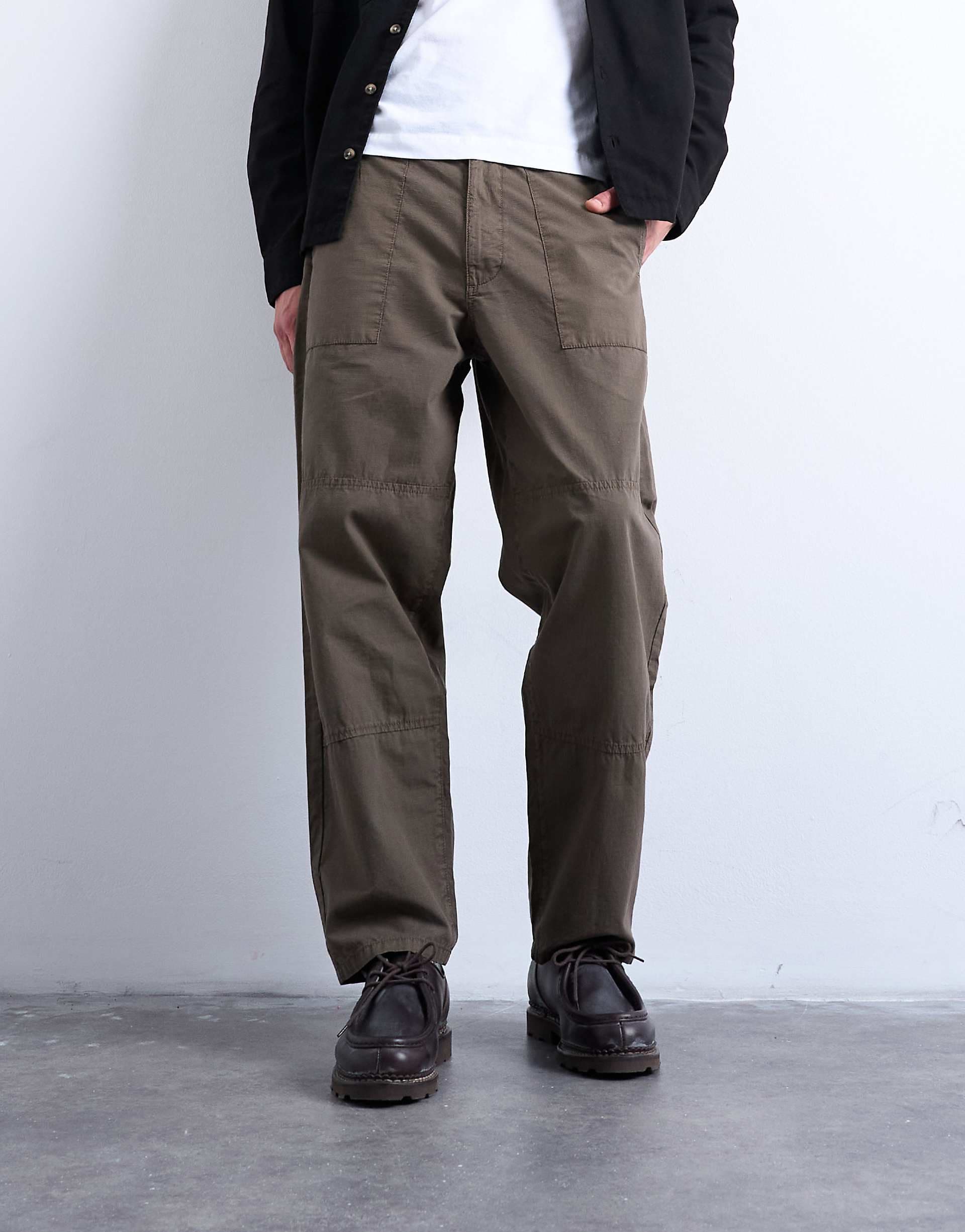 Topman ripstop tapered leg pants with seam detailing in khaki