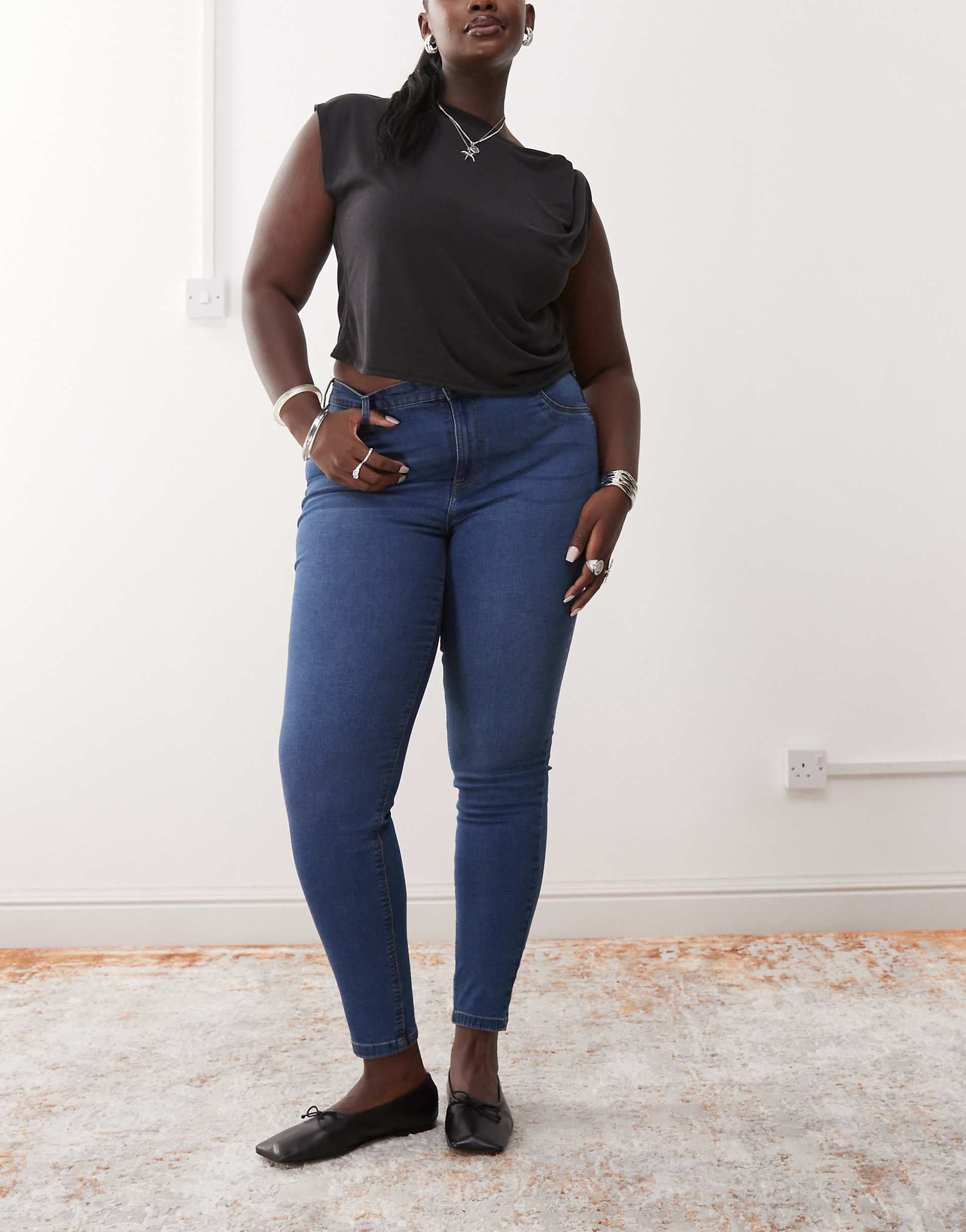 Noisy May Curve high rise skinny jeans in mid blue wash