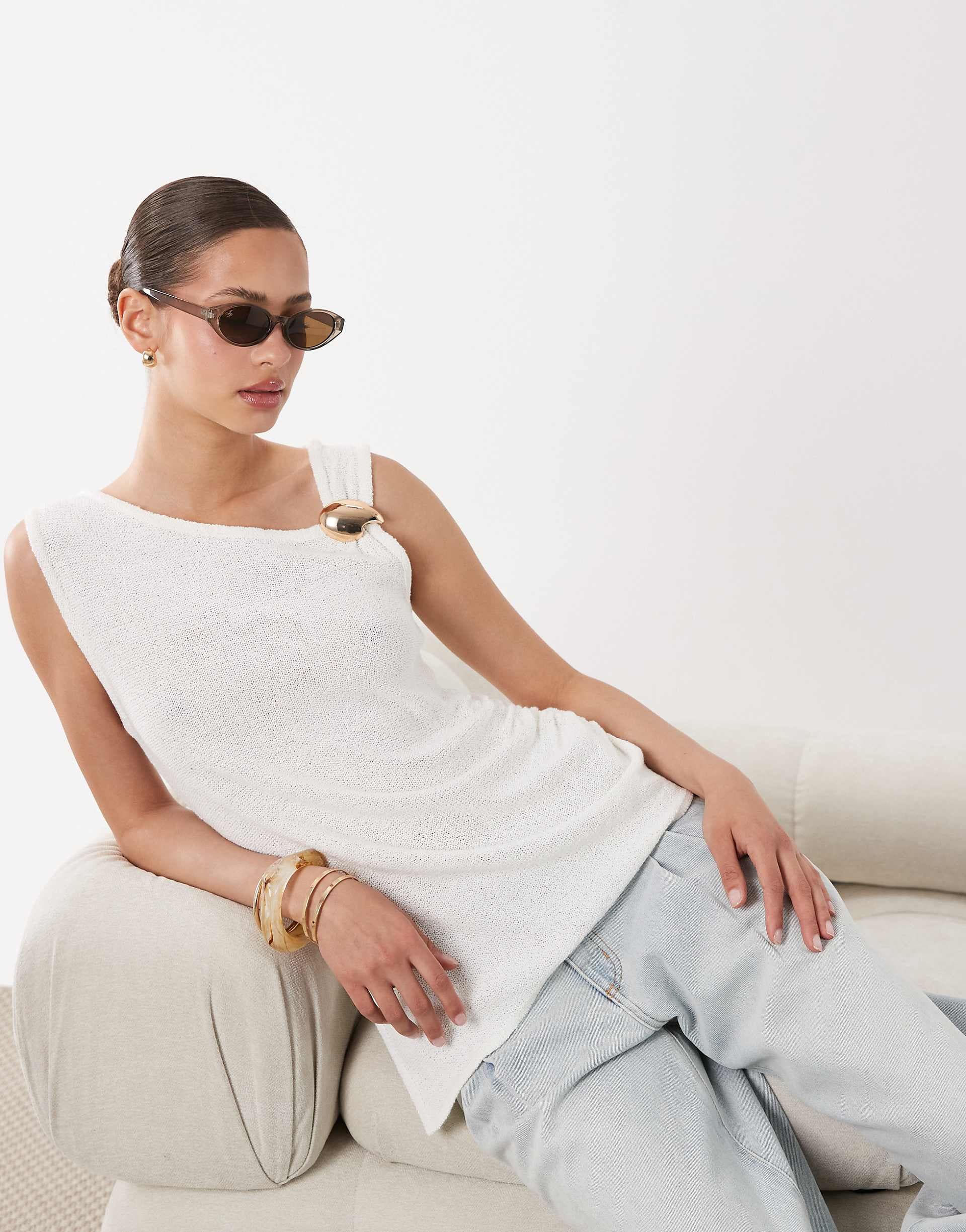 ASOS DESIGN slub raffia hardware draped top in cream