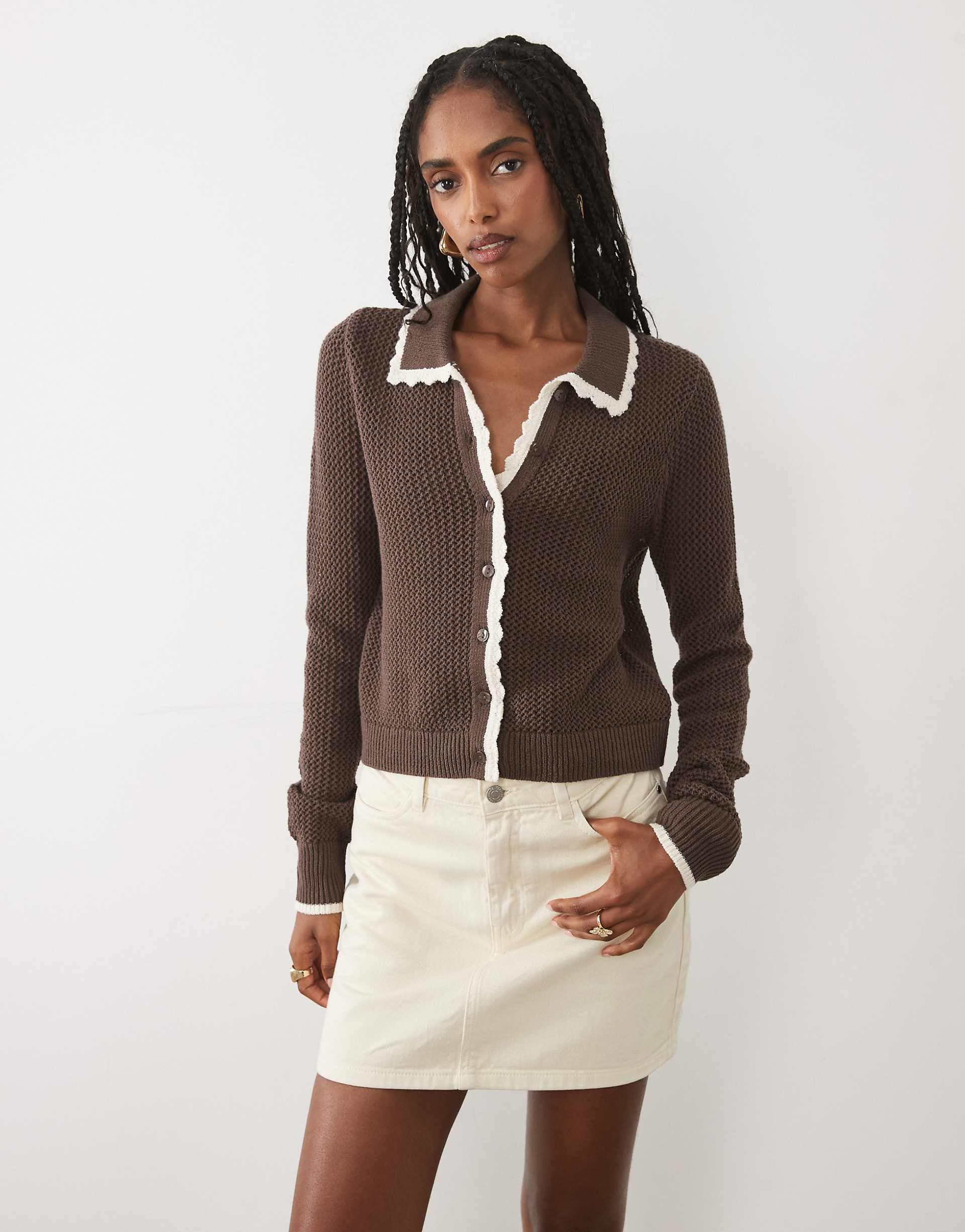 Abercrombie & Fitch fitted knit cardigan with crochet collar in brown