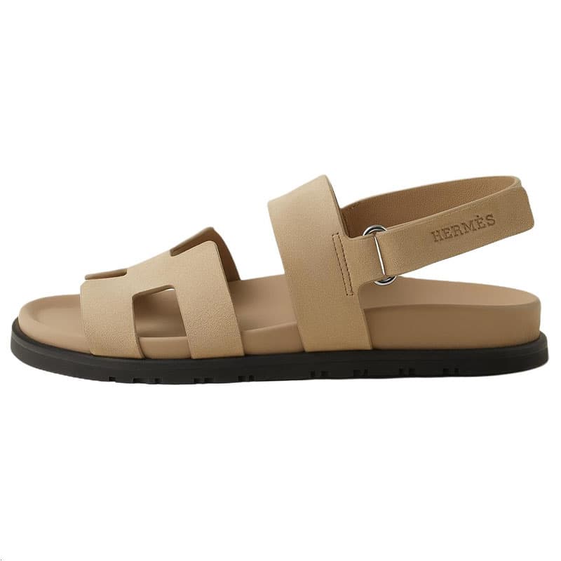HERMES Genius Suede Goatskin Round Toe Hook-and-Loop Adjustable Strap Slide Sandals Women's Beige