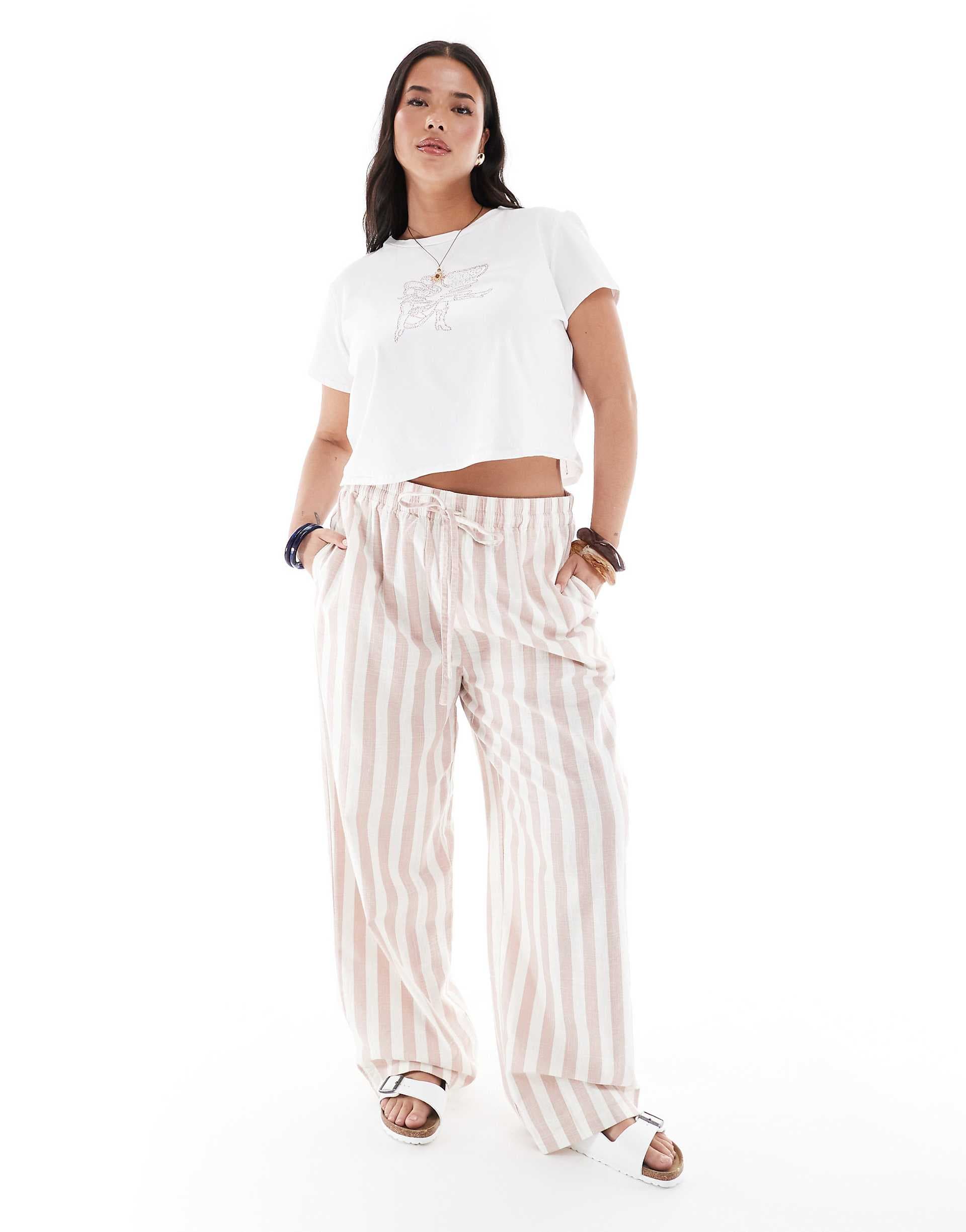 ASOS DESIGN Curve linen look pull on tapered pants in mink stripe