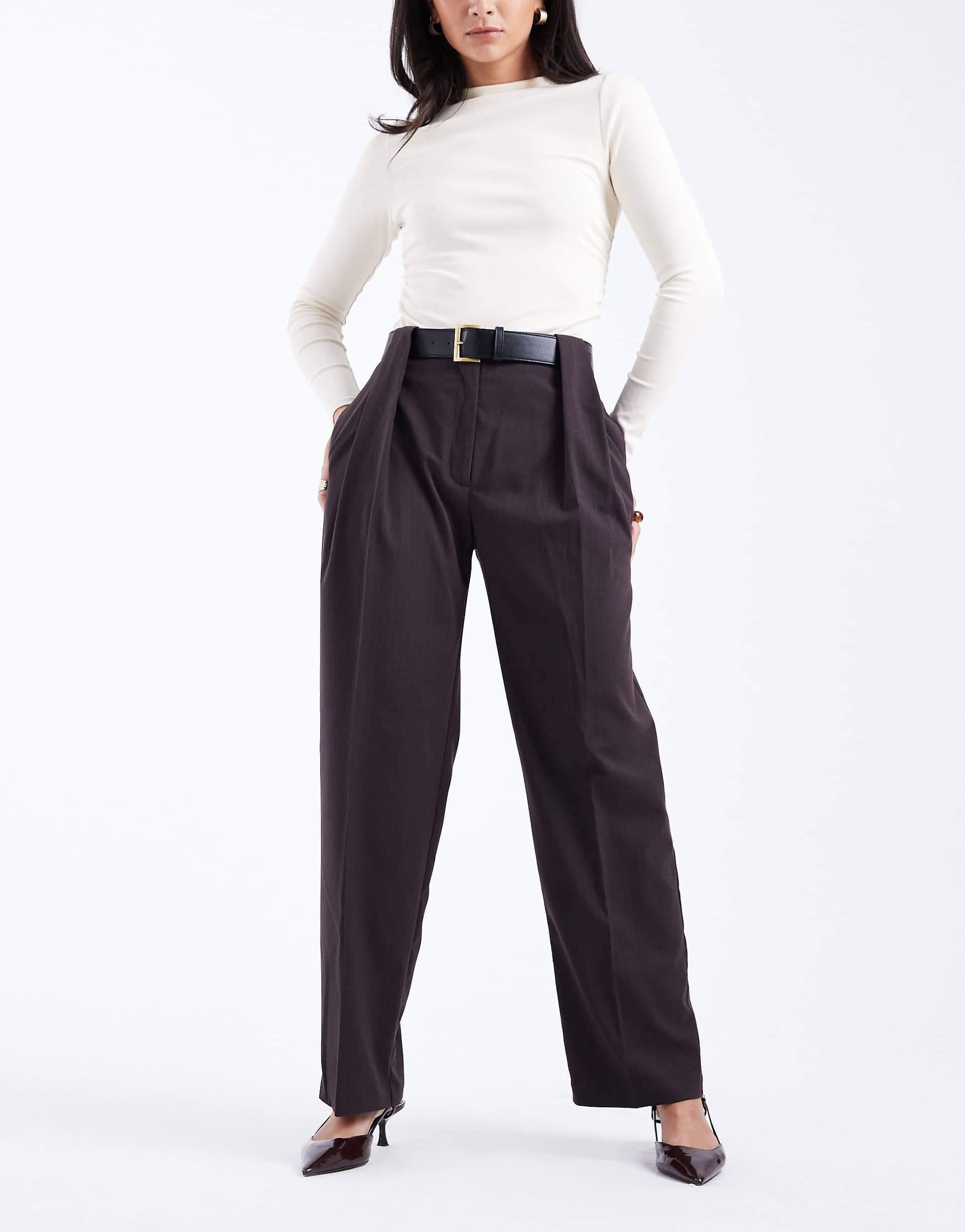 ASOS DESIGN tailored high waist belted straight leg pants in brown pinstripes