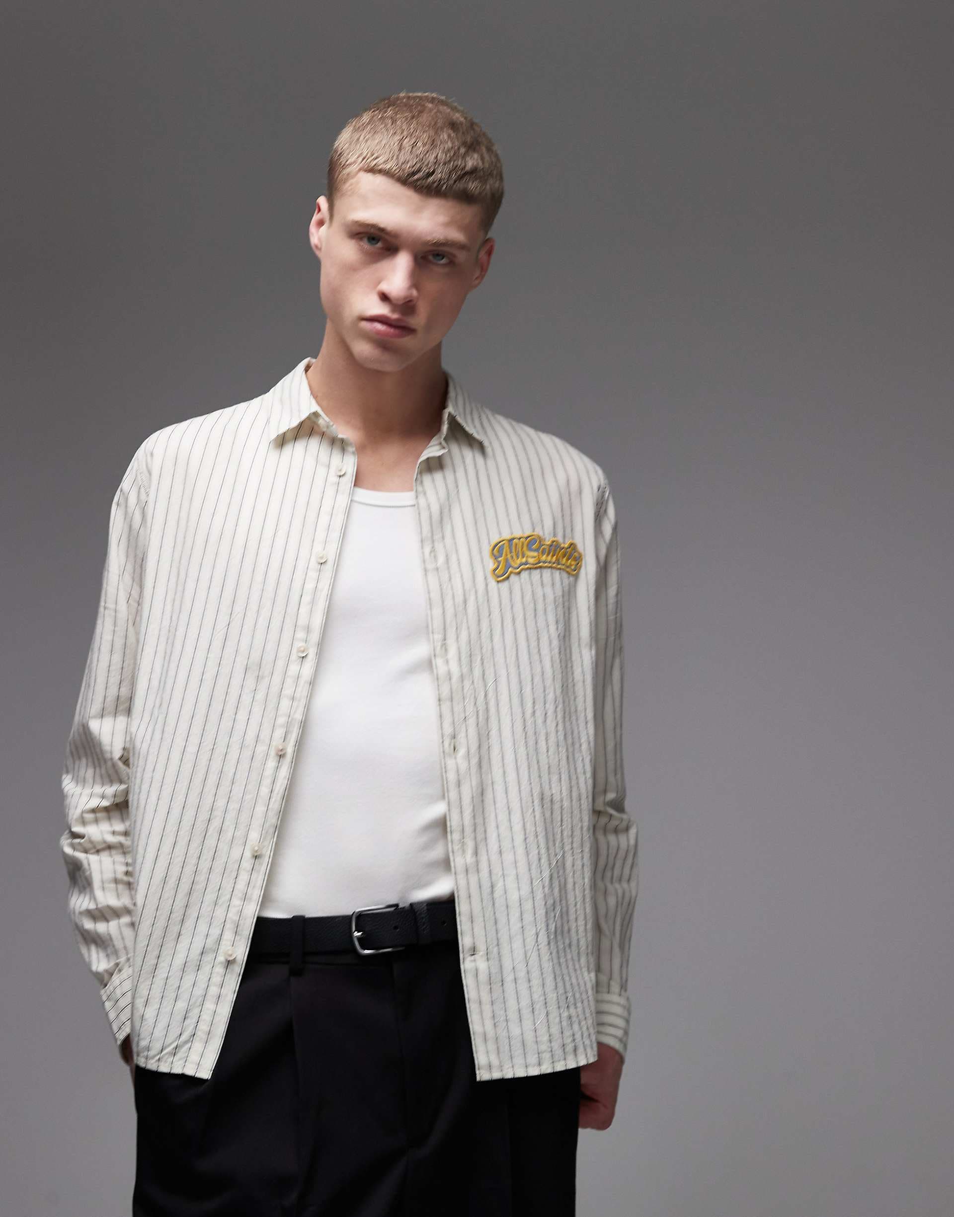 AllSaints Samuel long sleeve logo shirt in white stripes