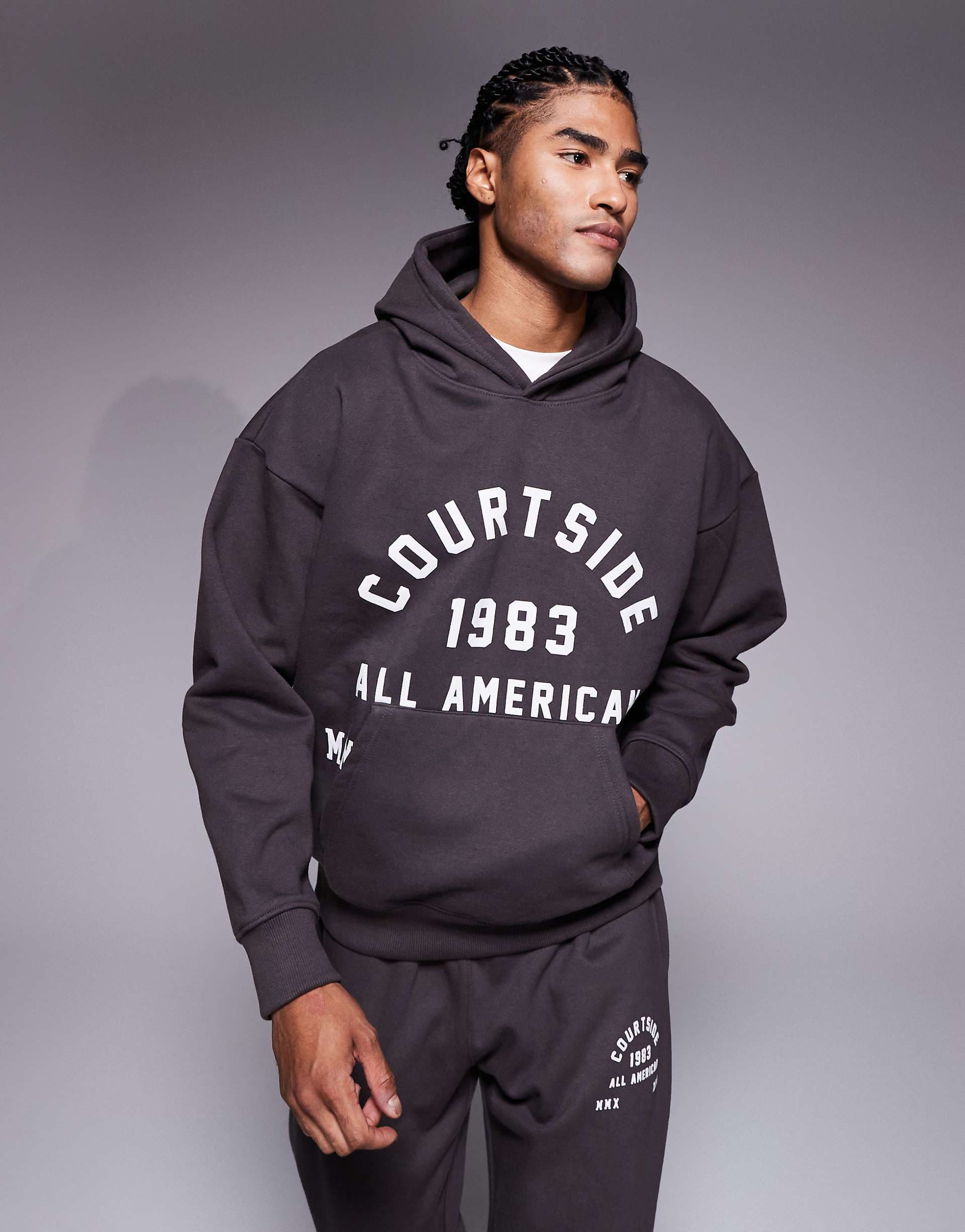 Courtside oversized pullover hoodie in brown with collegiate print - part of a set