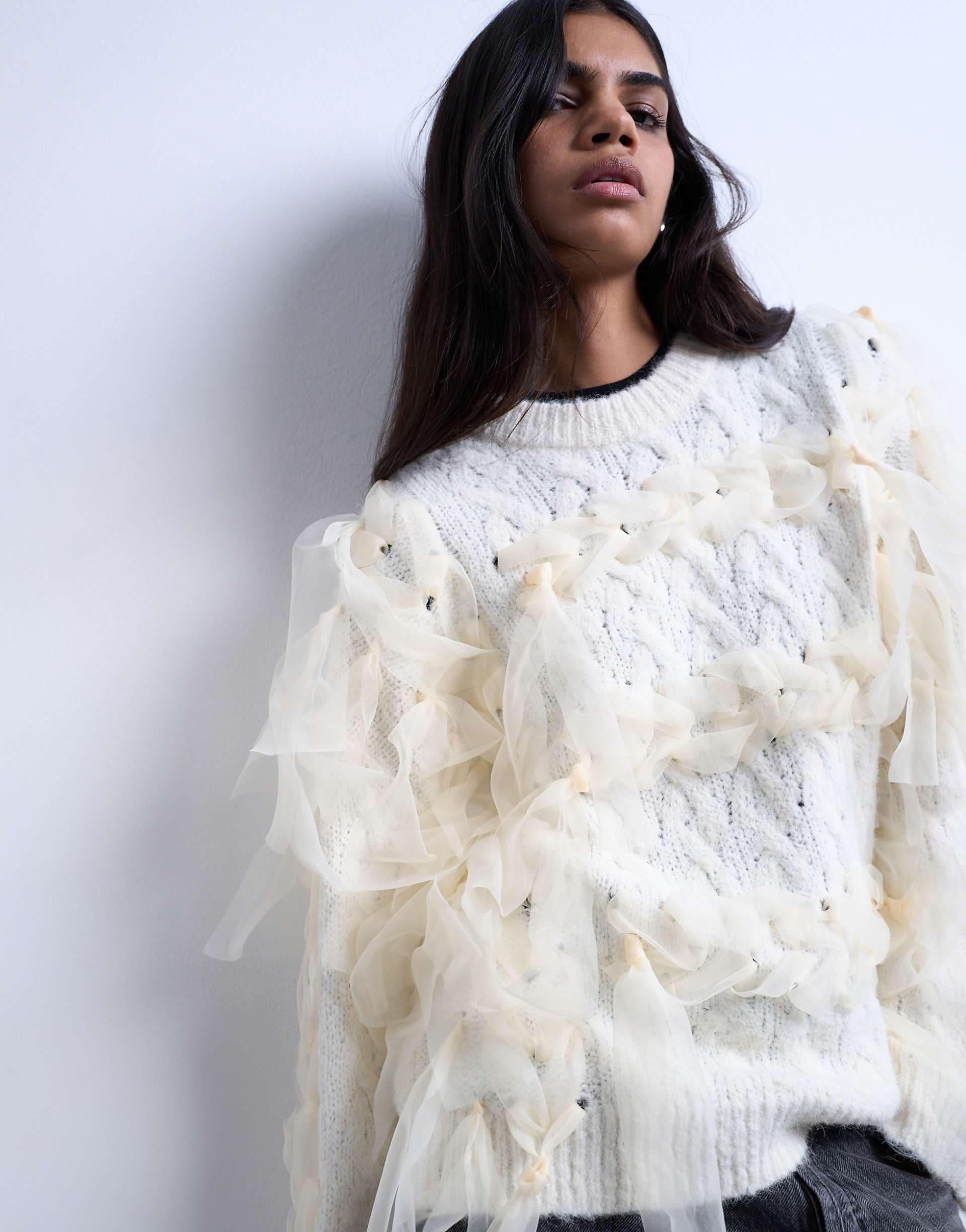 Topshop knit plaid ribbon sweater in ivory