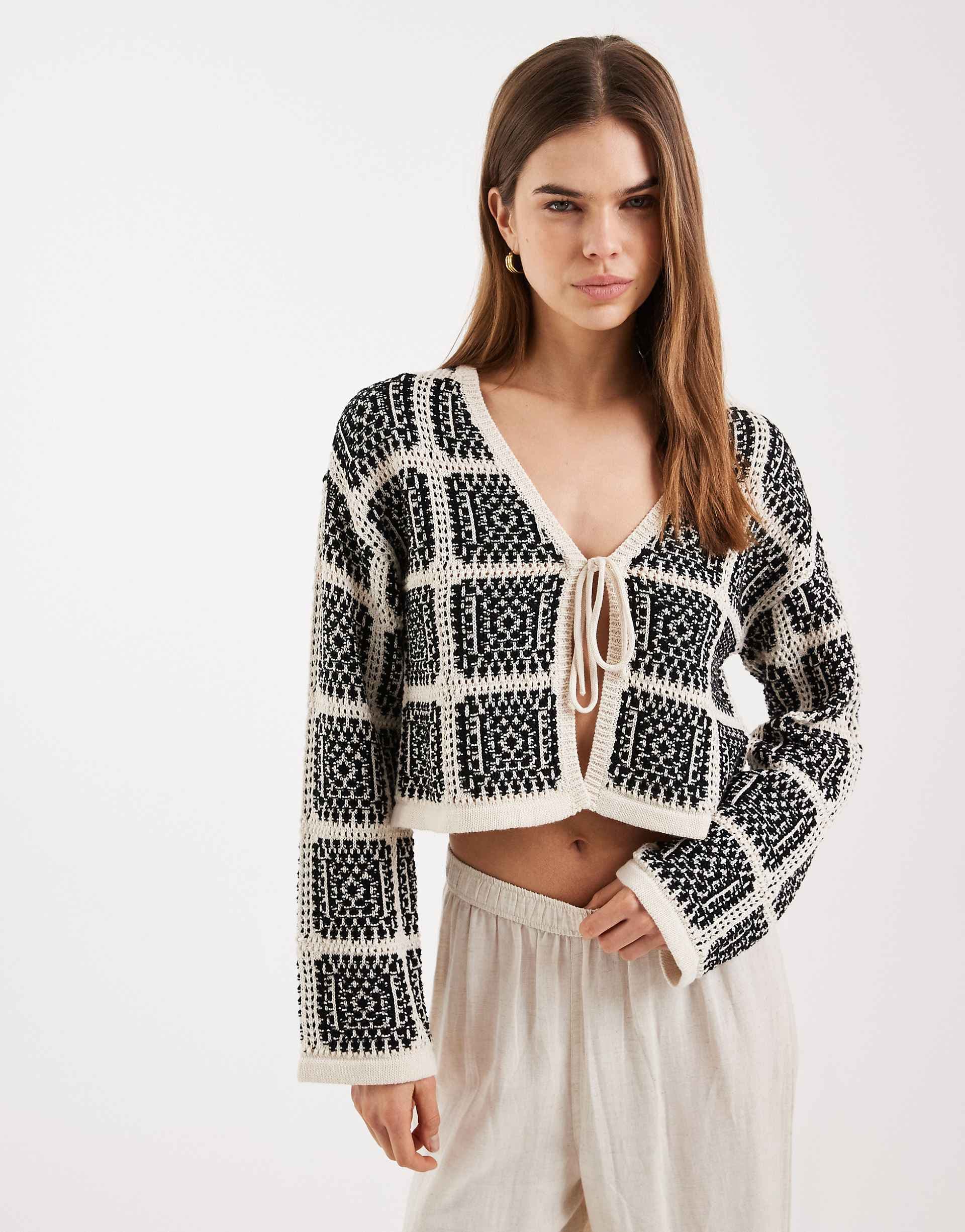 ONLY crochet knit tie front cardigan in black and white plaid