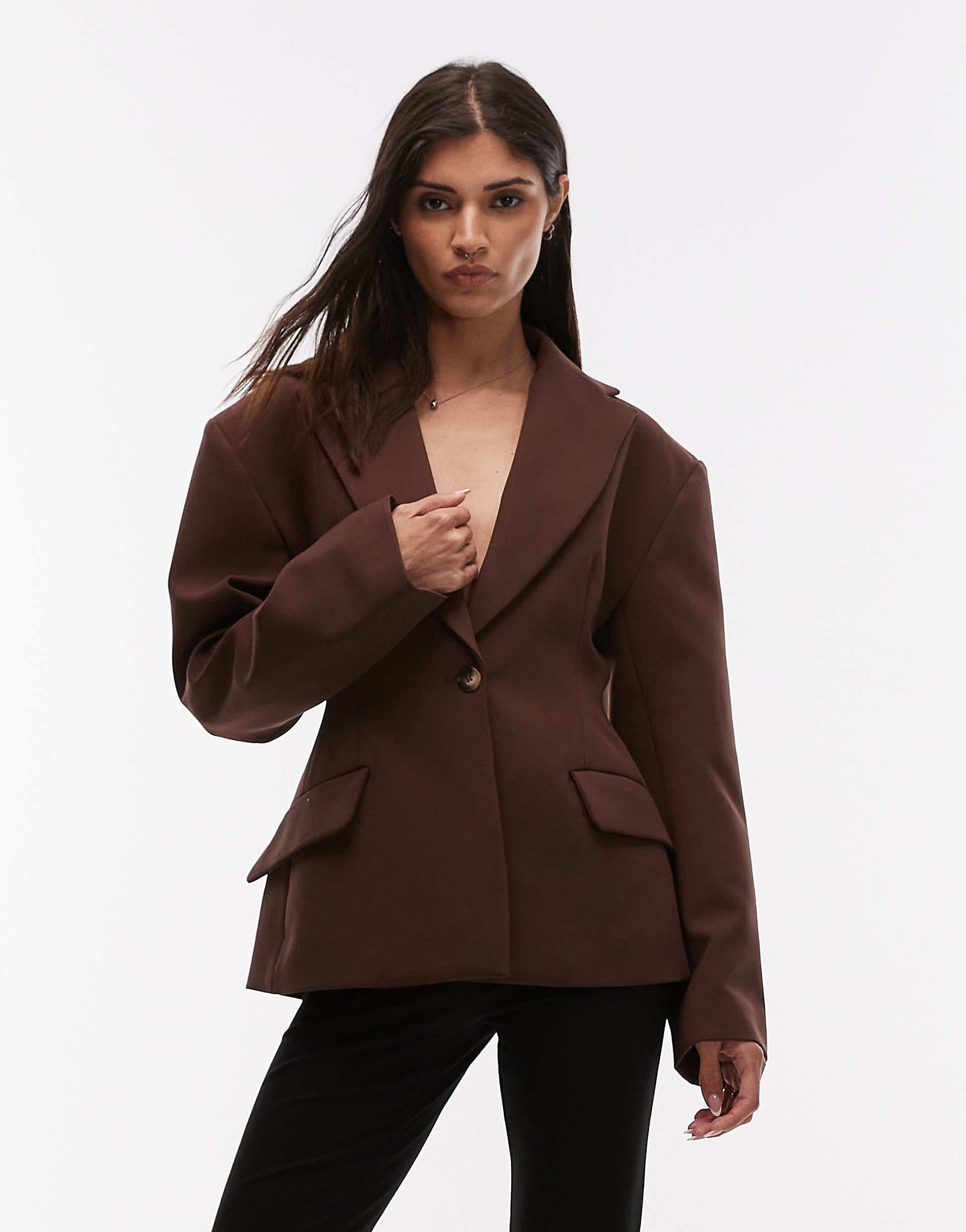 ASOS DESIGN sculpted cinched waist blazer in chocolate