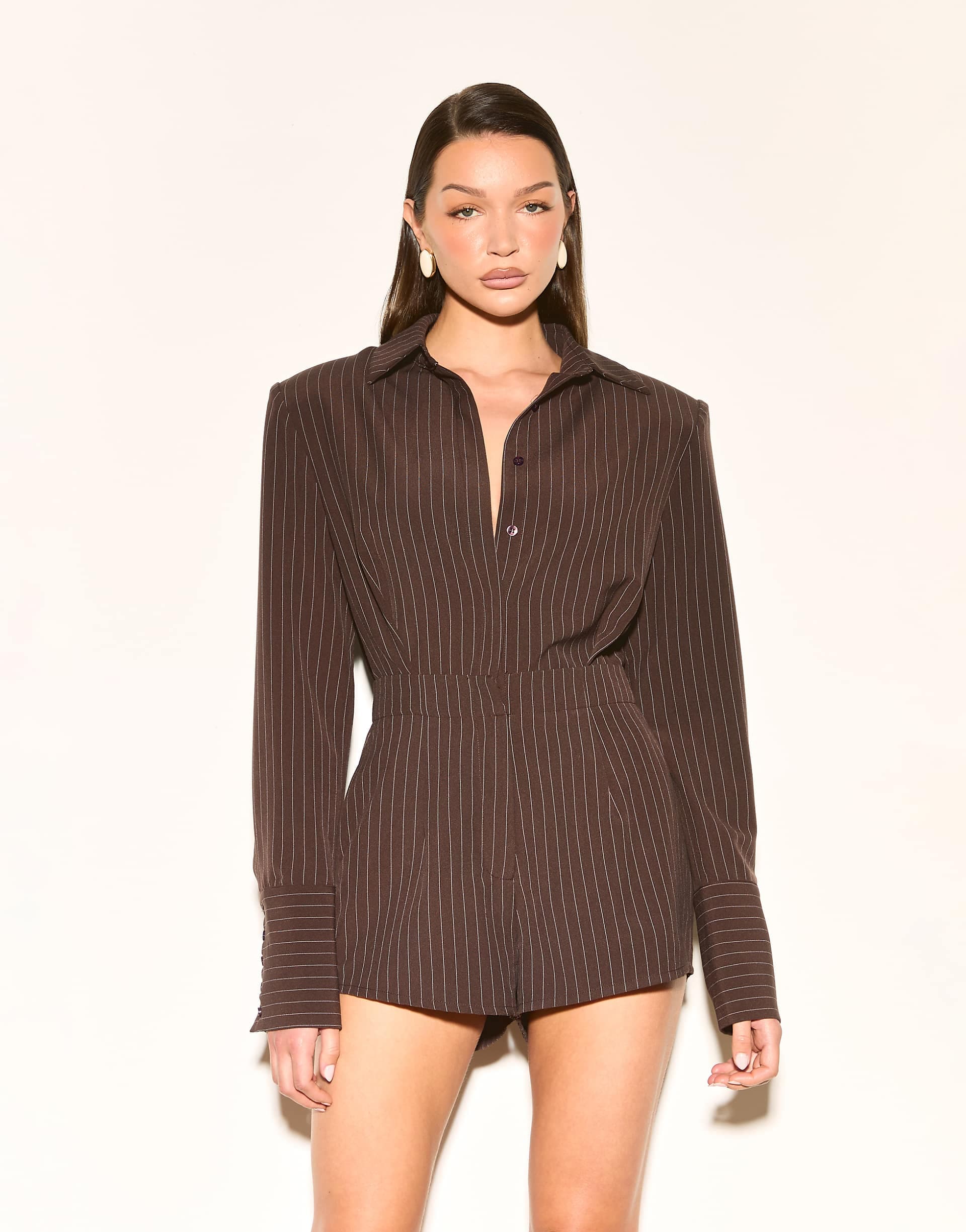 Noughts & Kisses shoulder pad tailored deep cuff romper in brown pinstripe