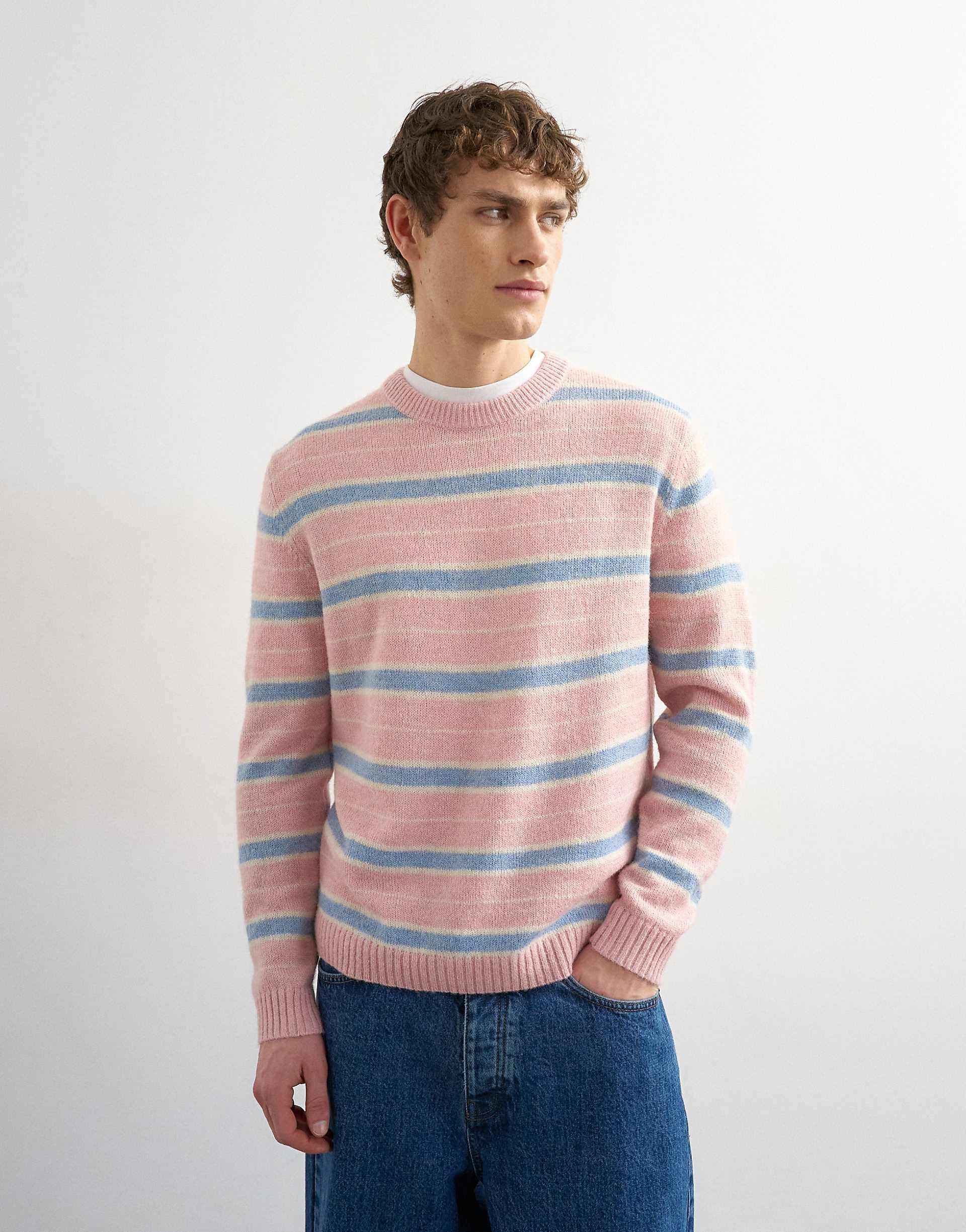 Topman relaxed fit knit brushed striped sweater in pink