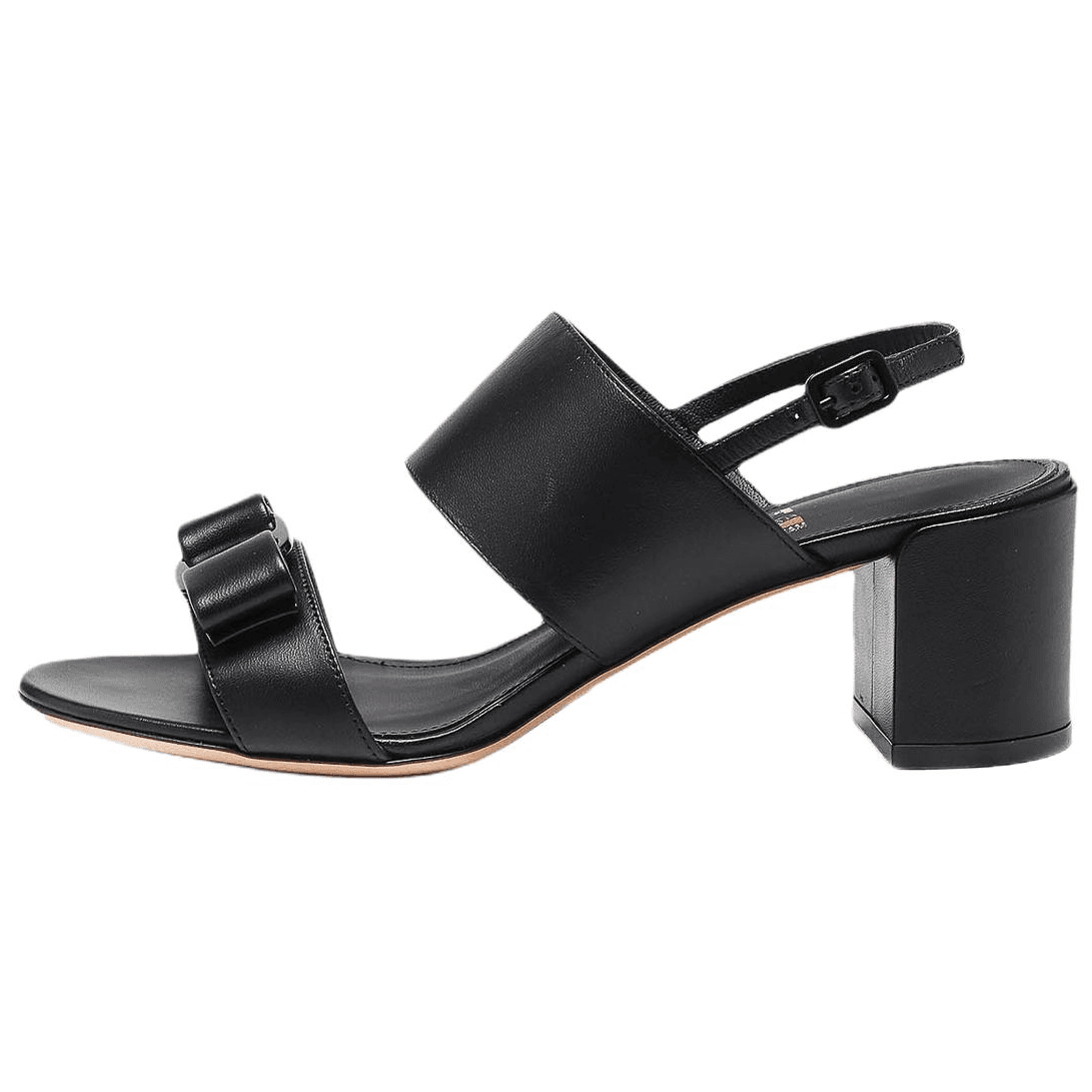 FERRAGAMO Giulia Series Leather Bow Open-Toe Buckle Chunky Heel Single-Strap Sandals 5.5cm Women's Black