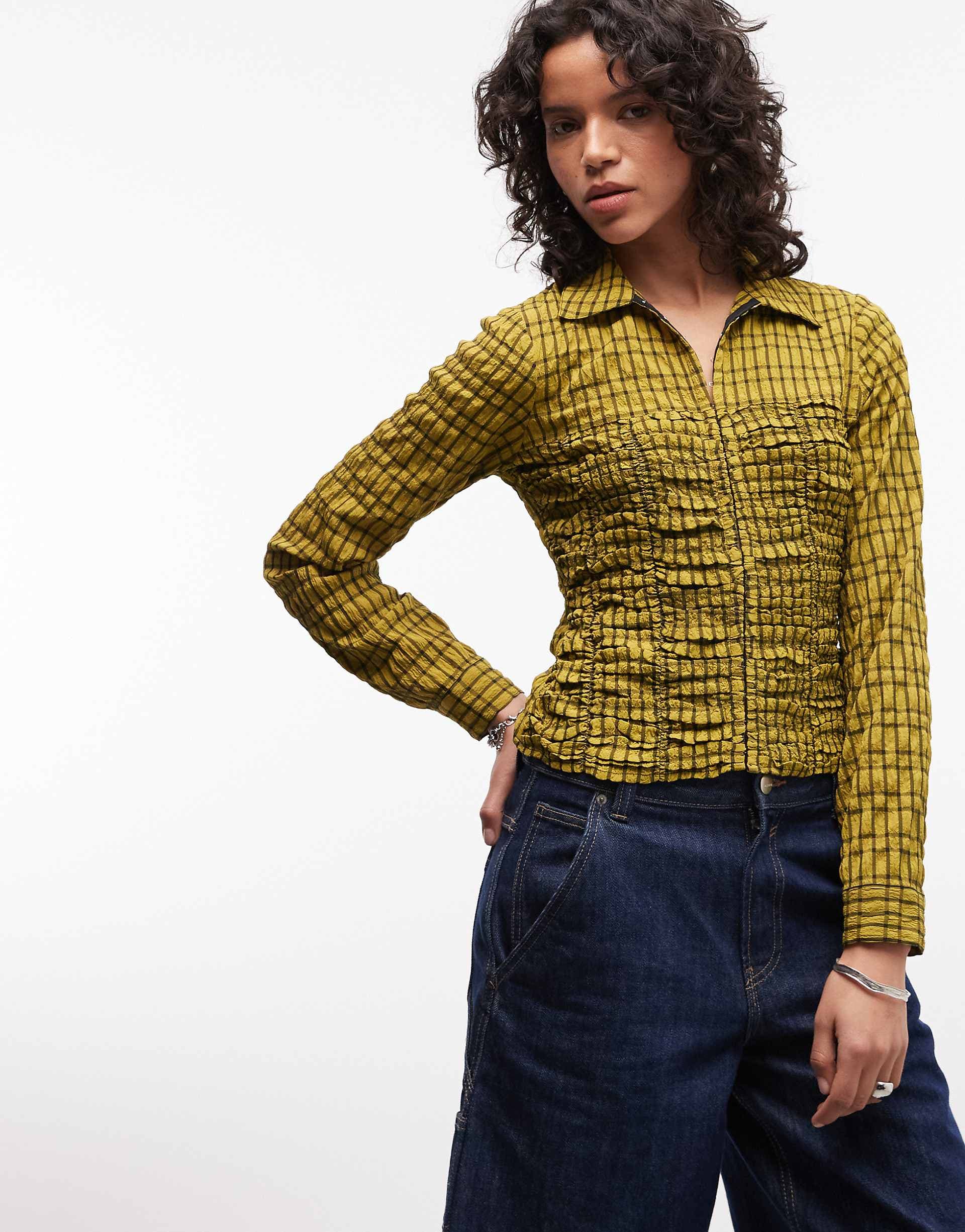 COLLUSION shirred fitted shirt in green plaid