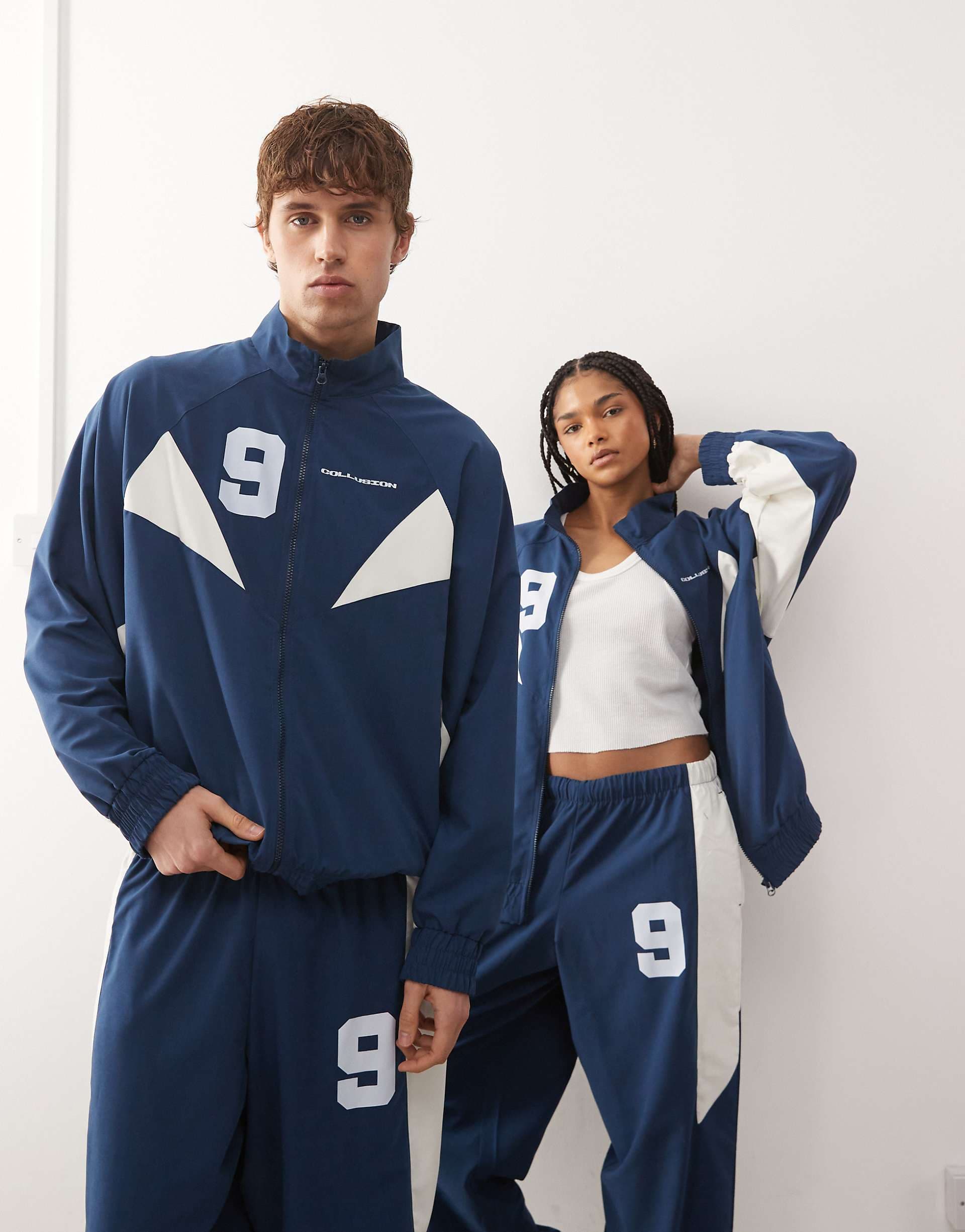 COLLUSION Unisex graphic nylon track top in blue - part of a set