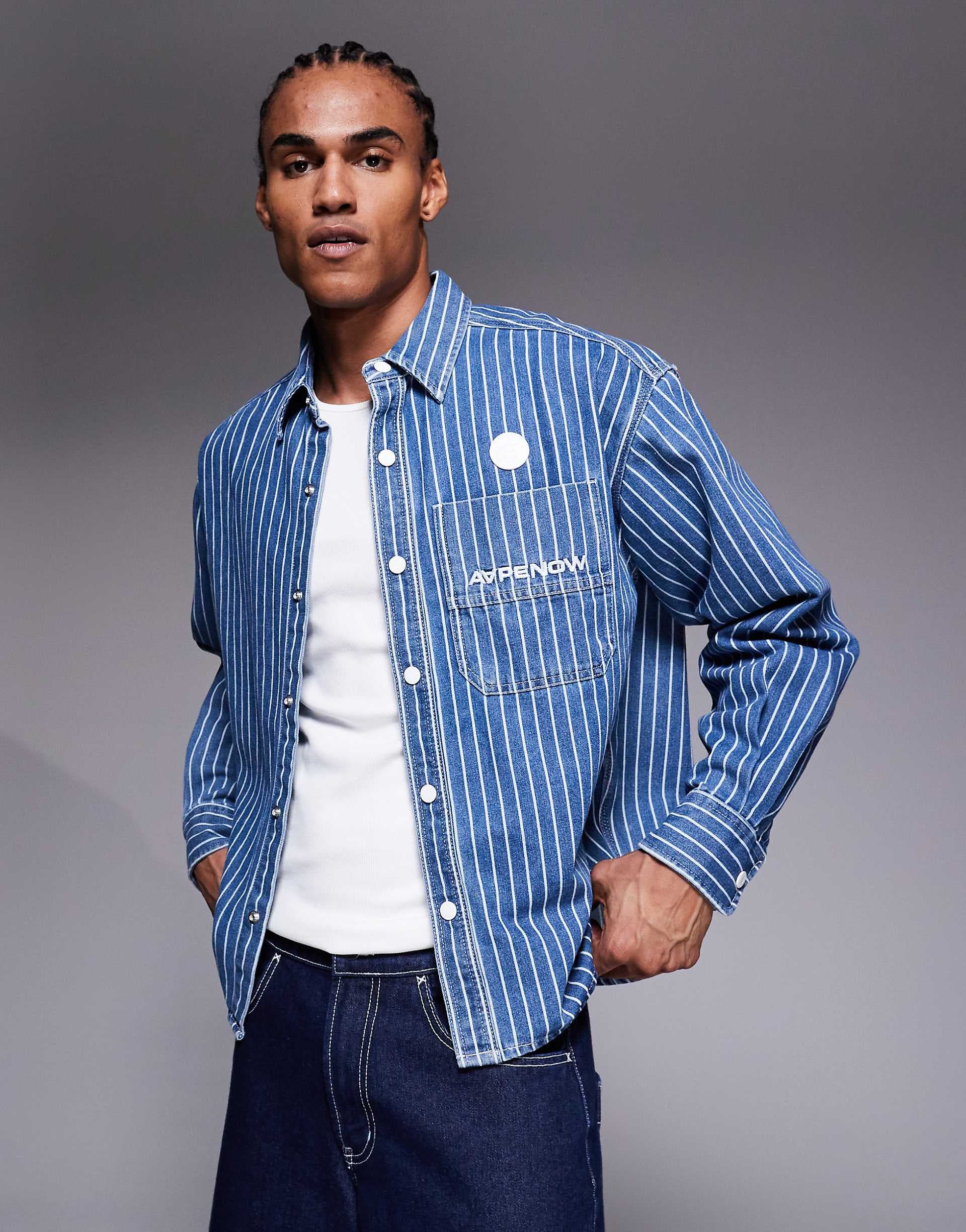 Aape by A Bathing Ape aape now denim long sleeve shirt in blue and white stripes