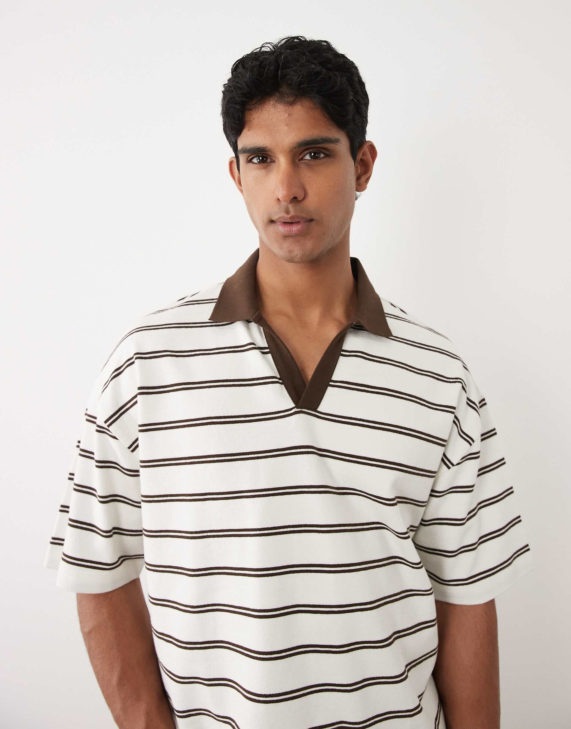 ASOS DESIGN heavyweight oversized polo in off white and brown stripes