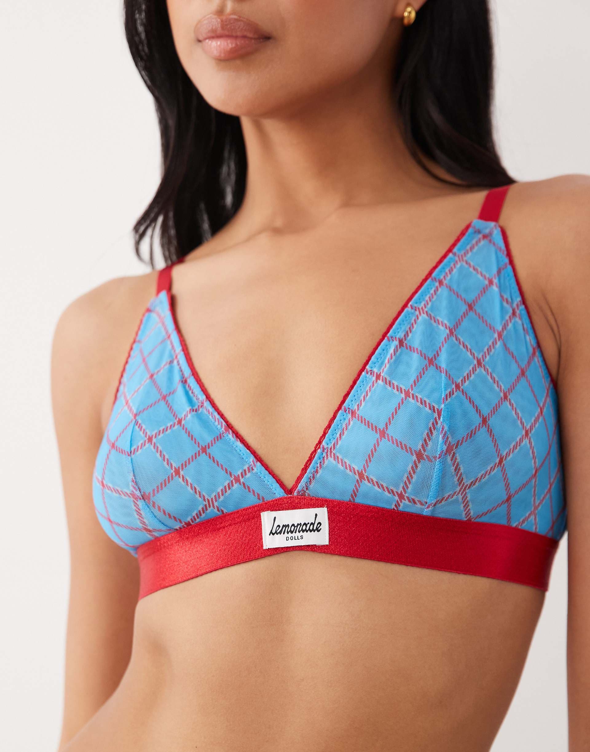 Lemonade Dolls stretch mesh bralette in turquoise and red plaid