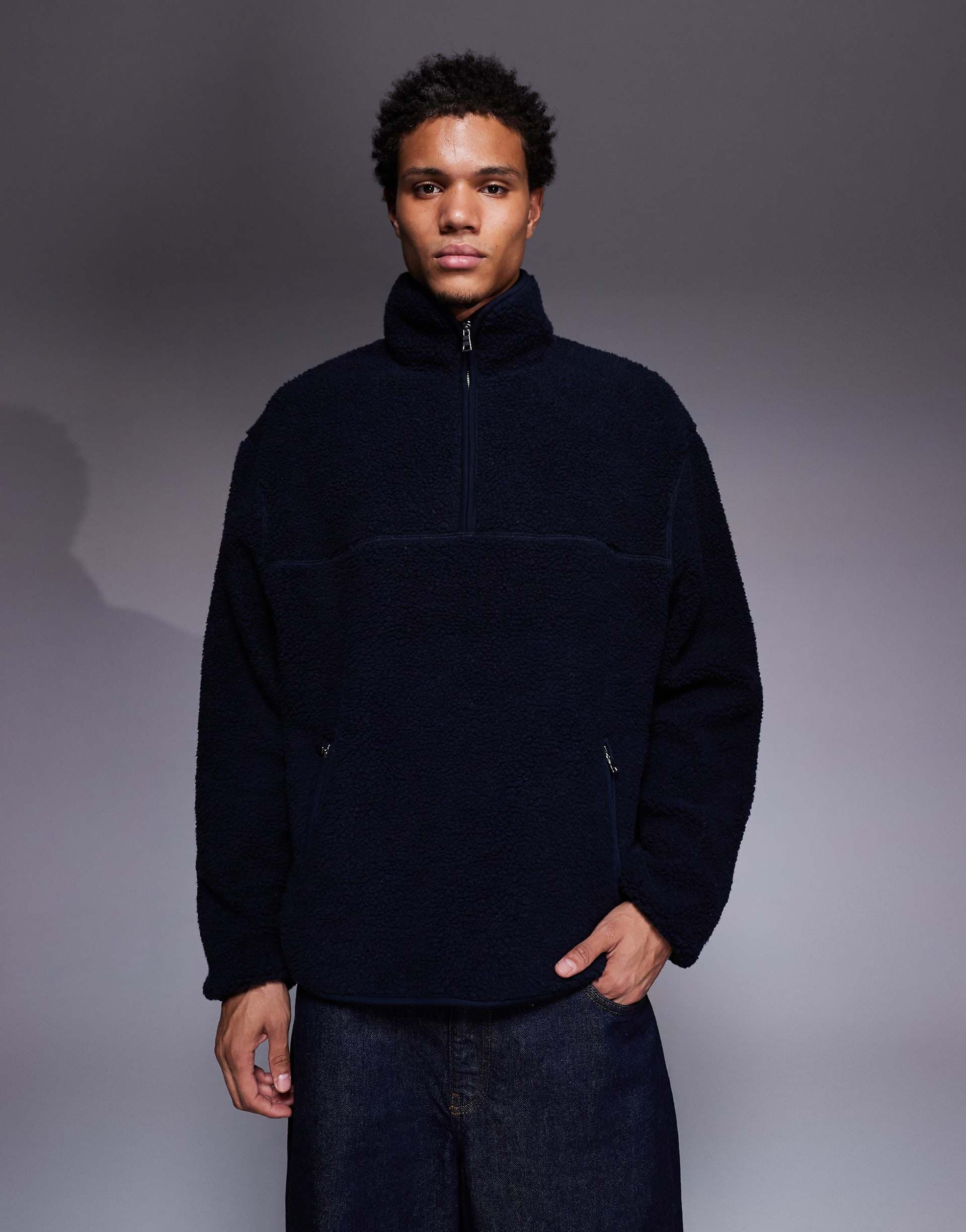 ASOS DESIGN relaxed zip through funnel neck borg sweatshirt in navy