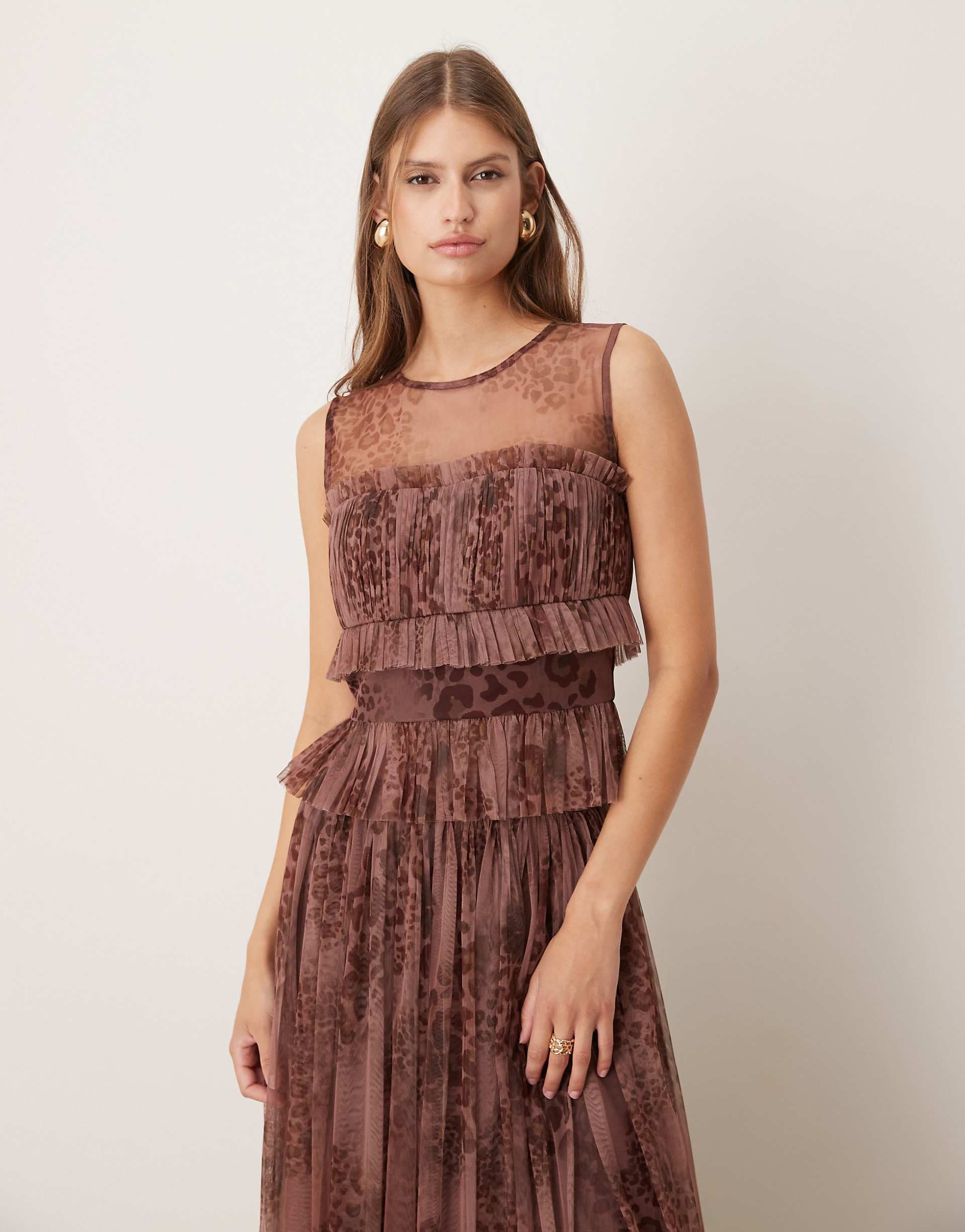 Lace & Beads bandeau mesh top in leopard-print plum