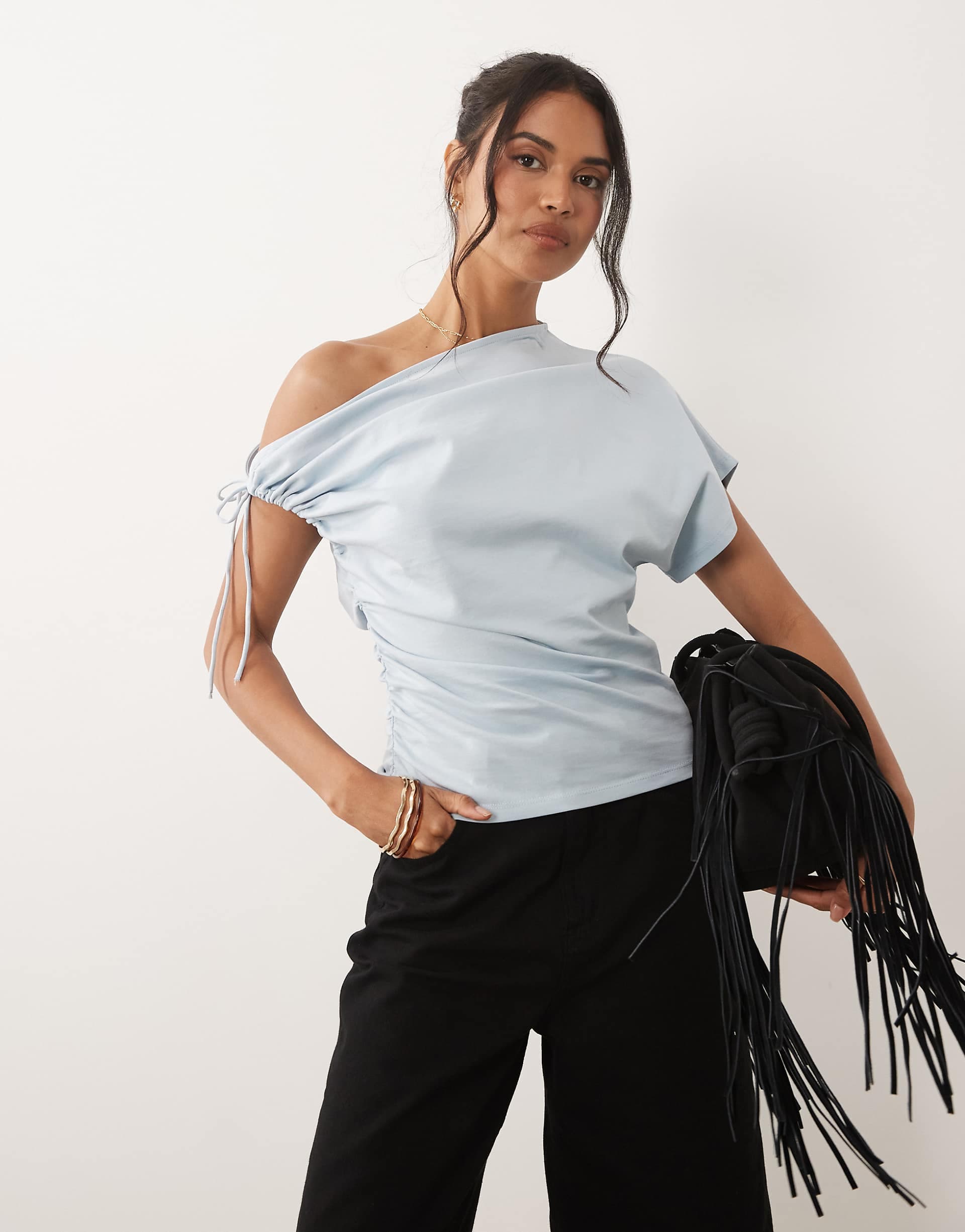 ASOS DESIGN ruched sleeve fallen shoulder waisted tee in baby blue