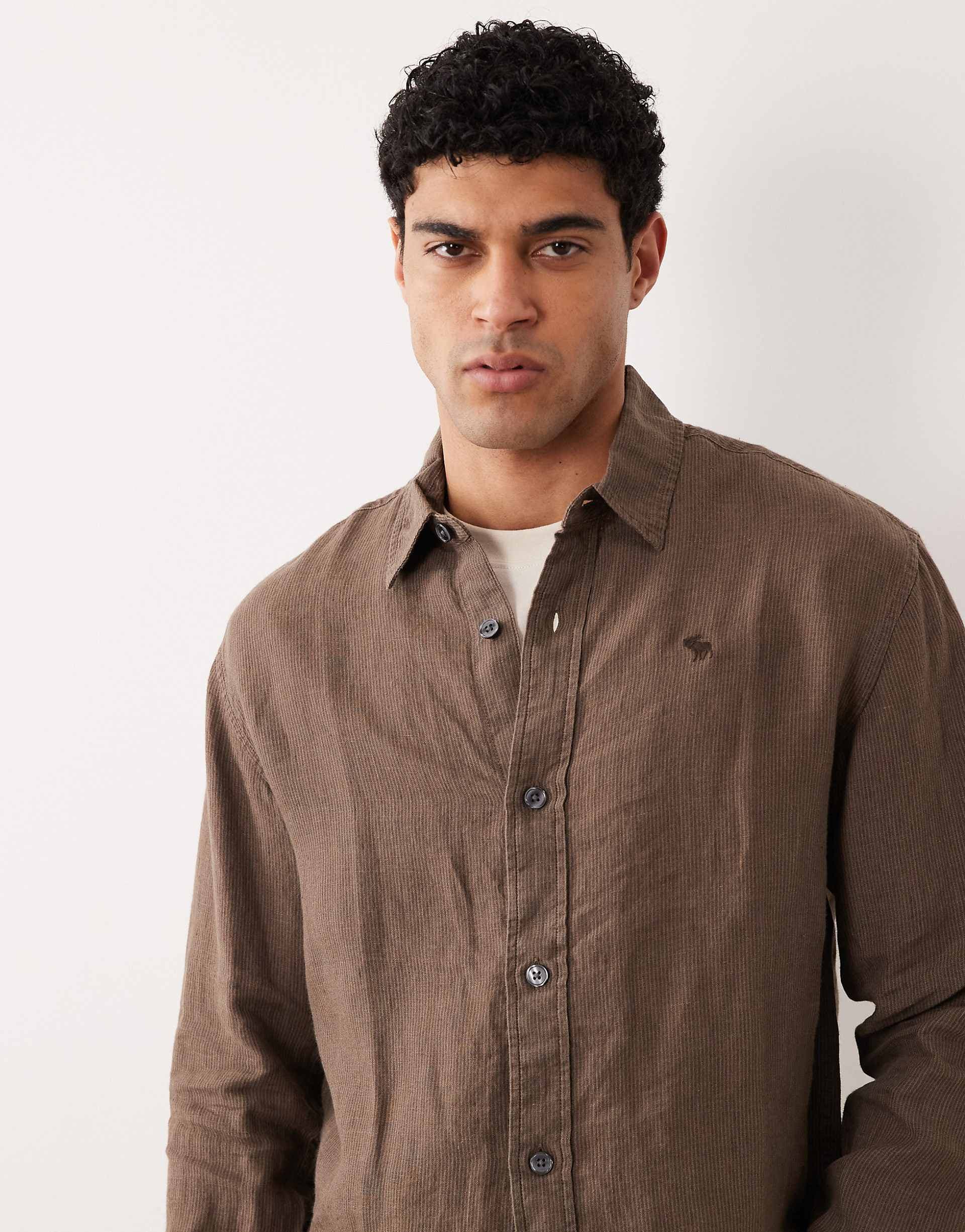 Abercrombie & Fitch 100% linen long sleeve shirt in fine brown stripes