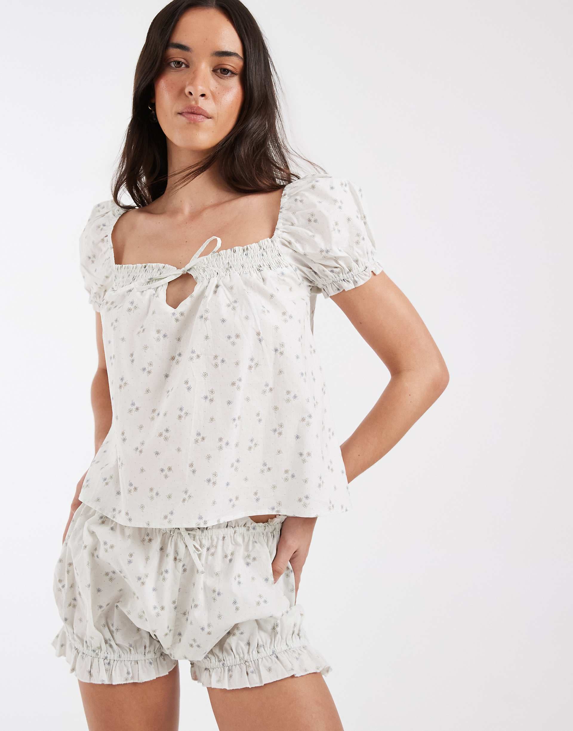 Daisy Street pajama babydoll smock top and bloomer shorts in ditsy floral