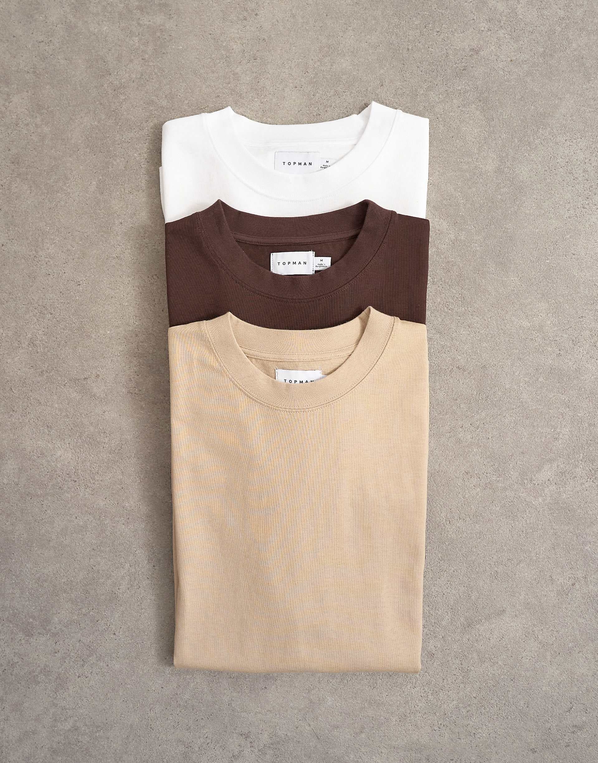 Topman 3 pack classic fit T-shirt in Black, White & Stone