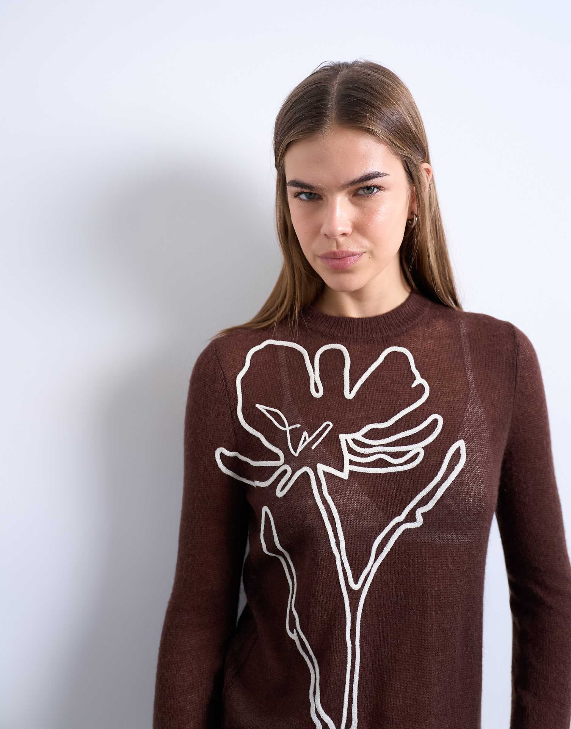 Topshop knit sheer embroidered floral top in chocolate