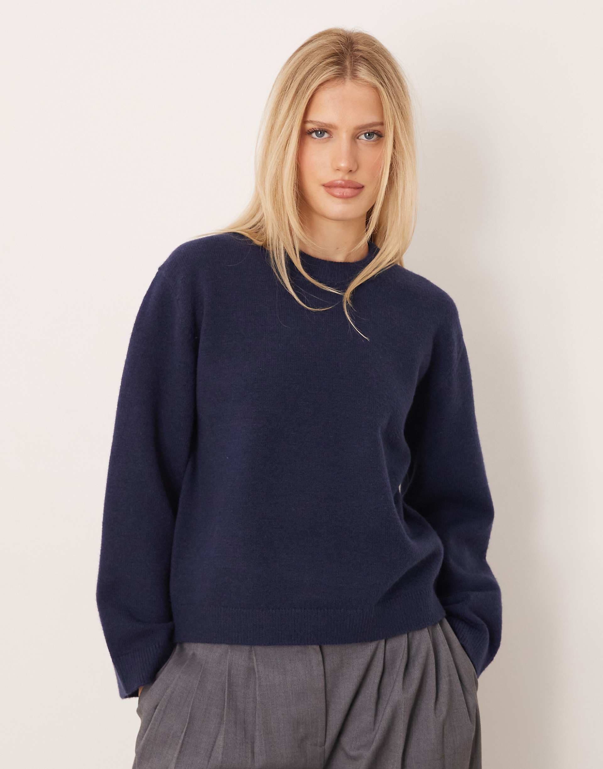 Gina Tricot crew neck knit sweater with wide sleeves in navy - Exclusive to ASOS