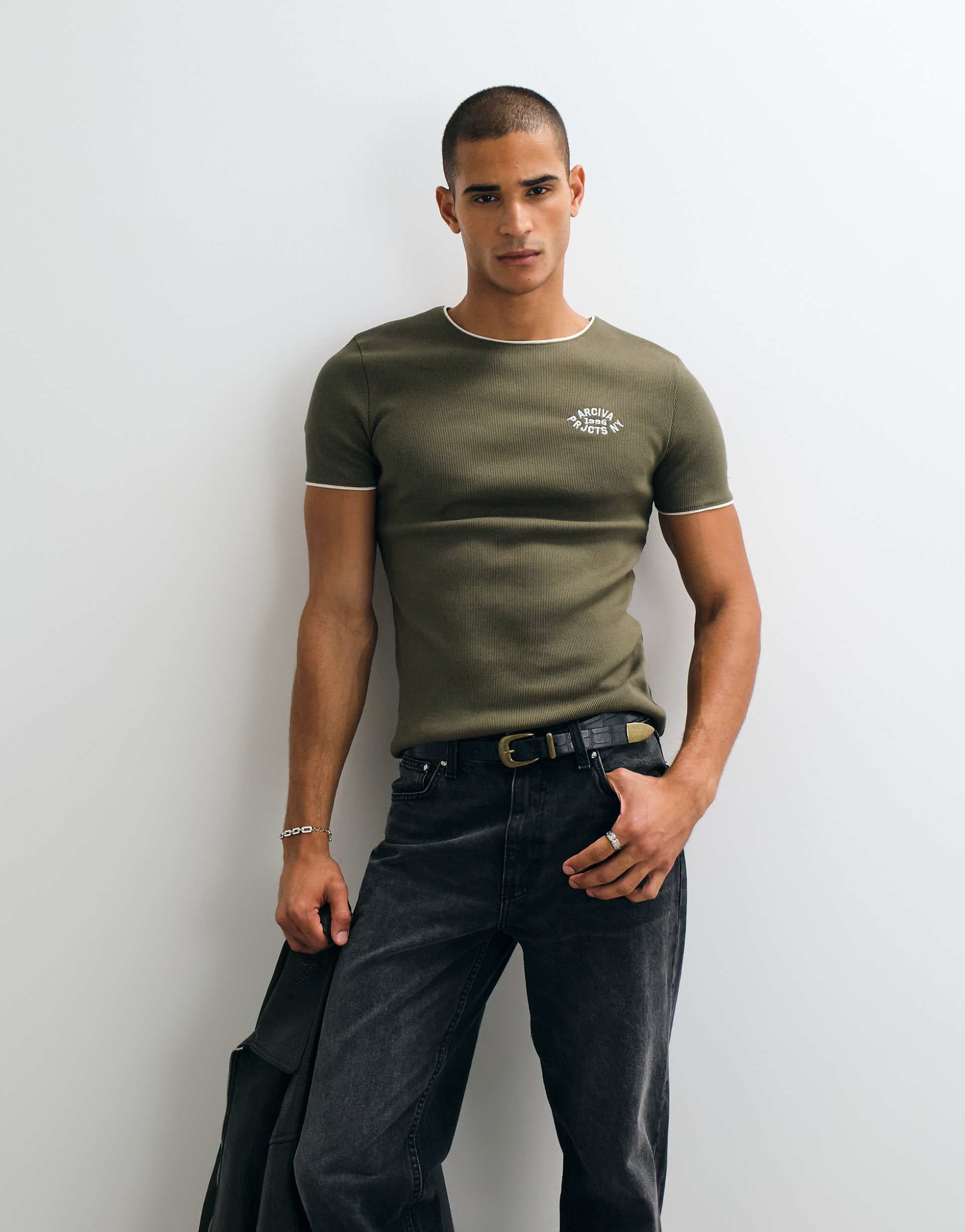 ASOS DESIGN super heavyweight muscle ringer T-shirt with chest graphic in olive rib