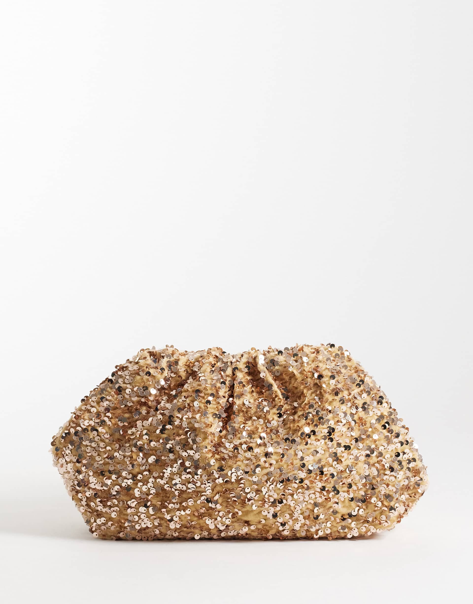 True Decadence embellished sequin pillow clutch in golden bronze