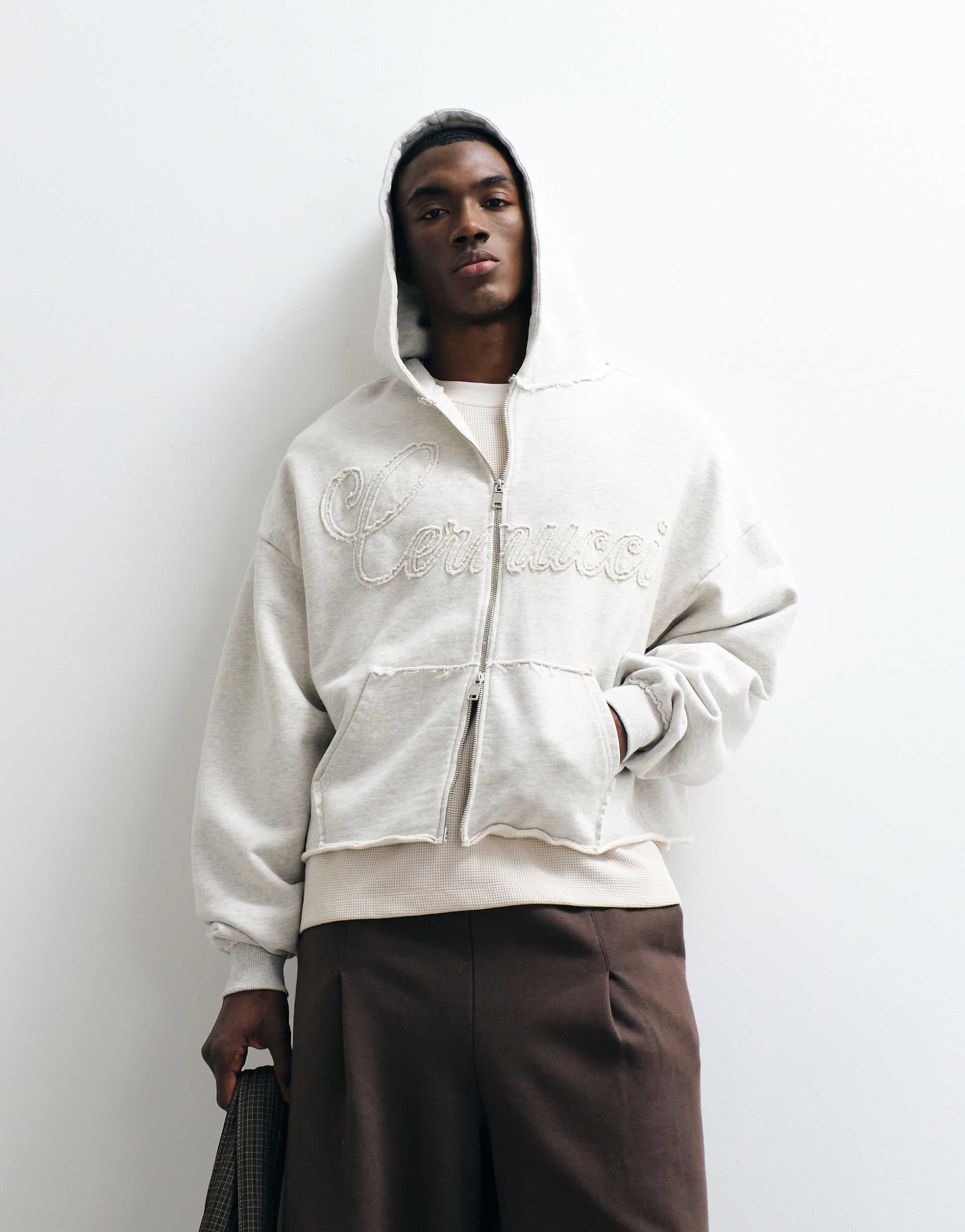Cernucci 100% cotton boxy fit zip up hoodie with applique logo detail