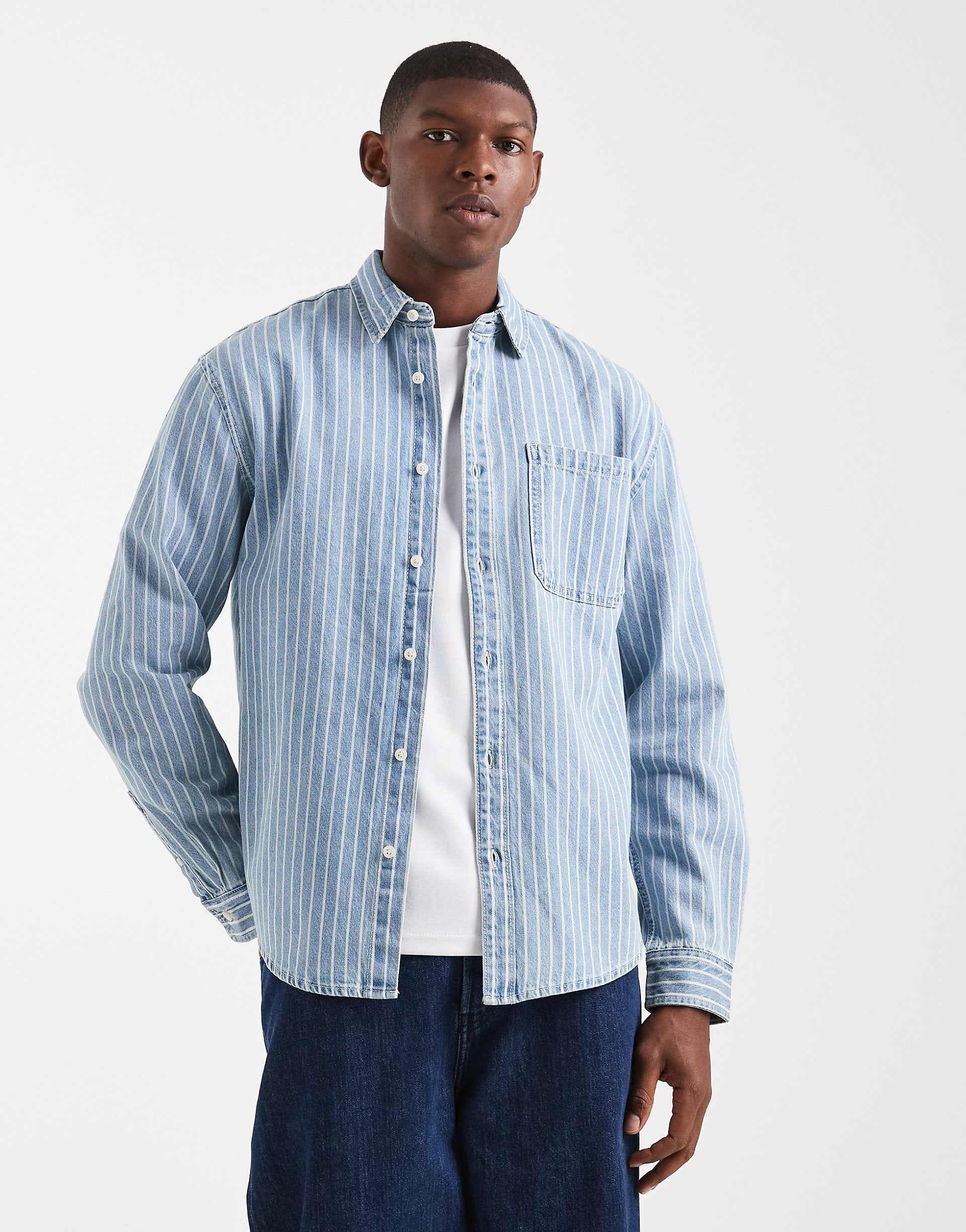 Redefined Rebel boxy denim striped shirt in blue and white