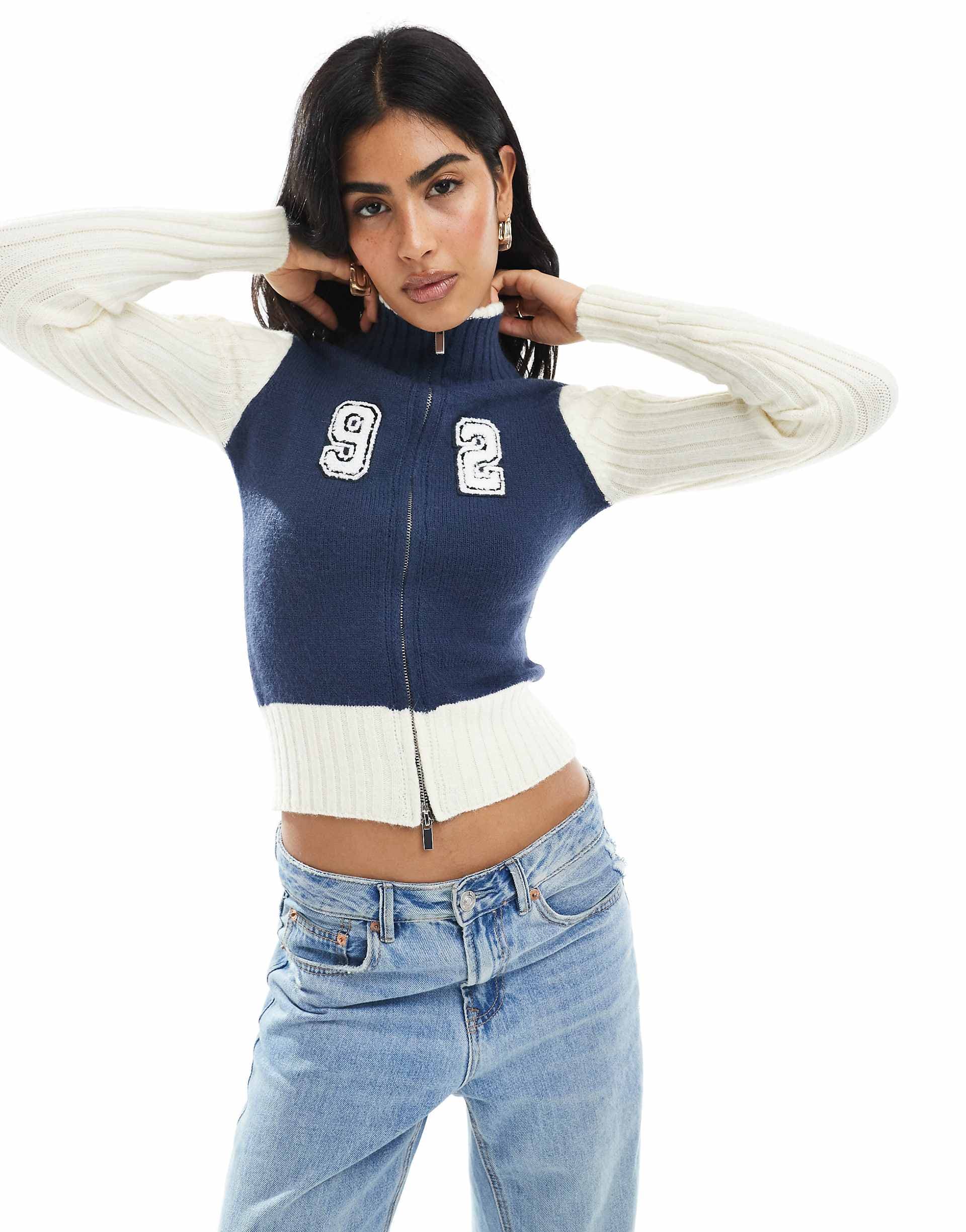 Daisy Street zip up high neck fitted cardigan in cream and navy