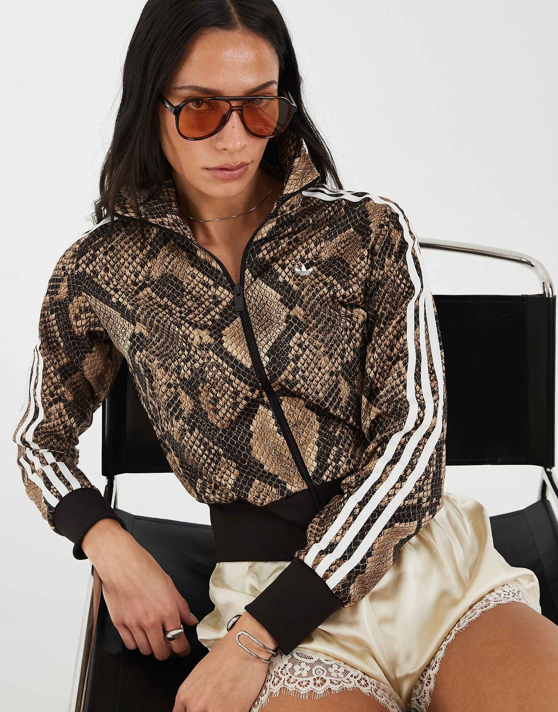 adidas Originals satin snake print classic firebird track jacket in light brown