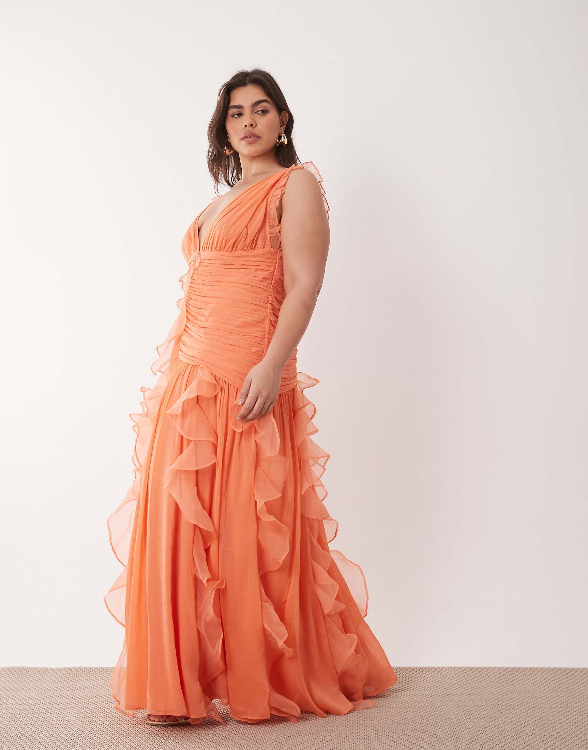 ASOS LUXE Curve ruched maxi dress with waterfall detailing in coral