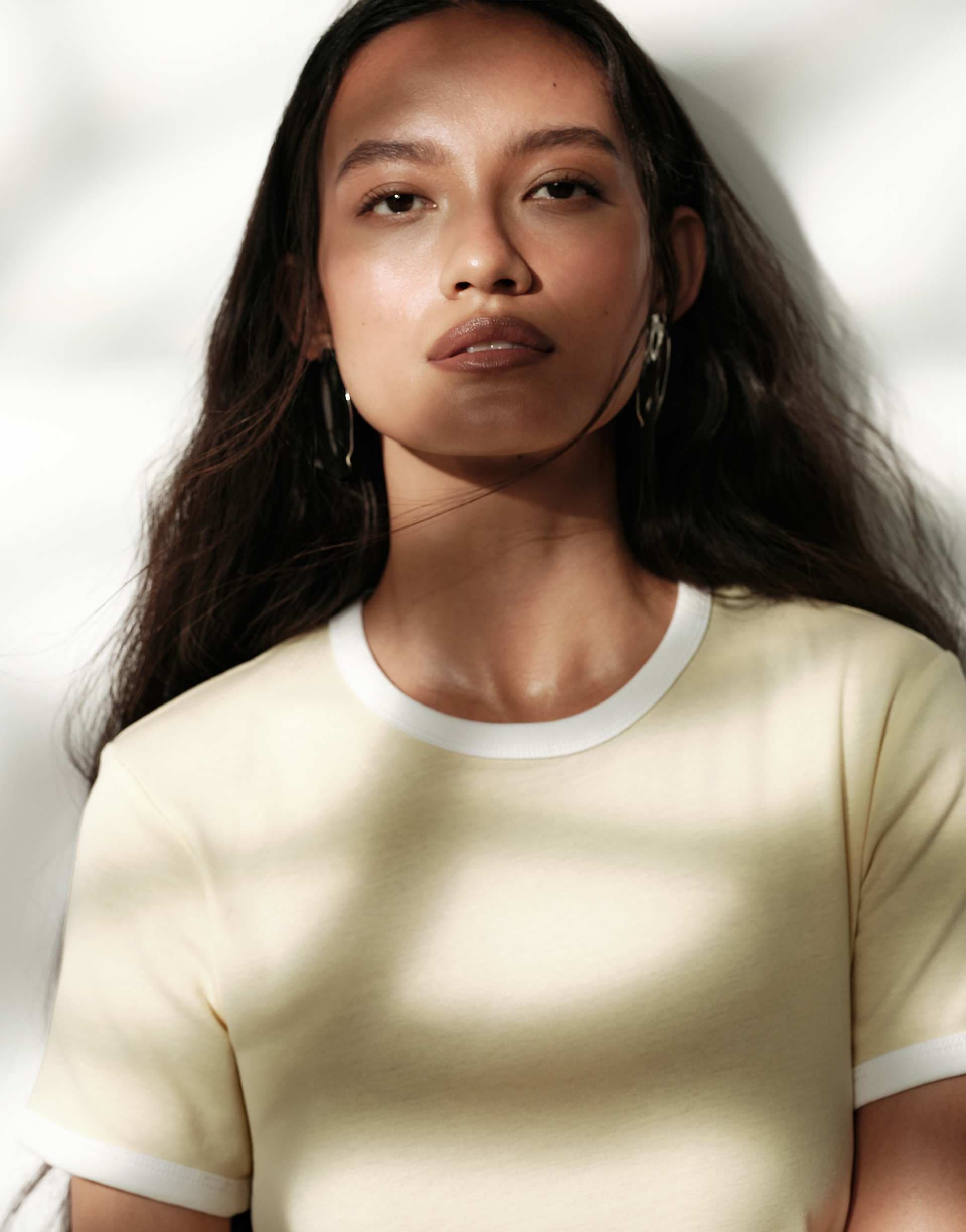 ARKET slim fit ribbed T-shirt with trim in butter yellow