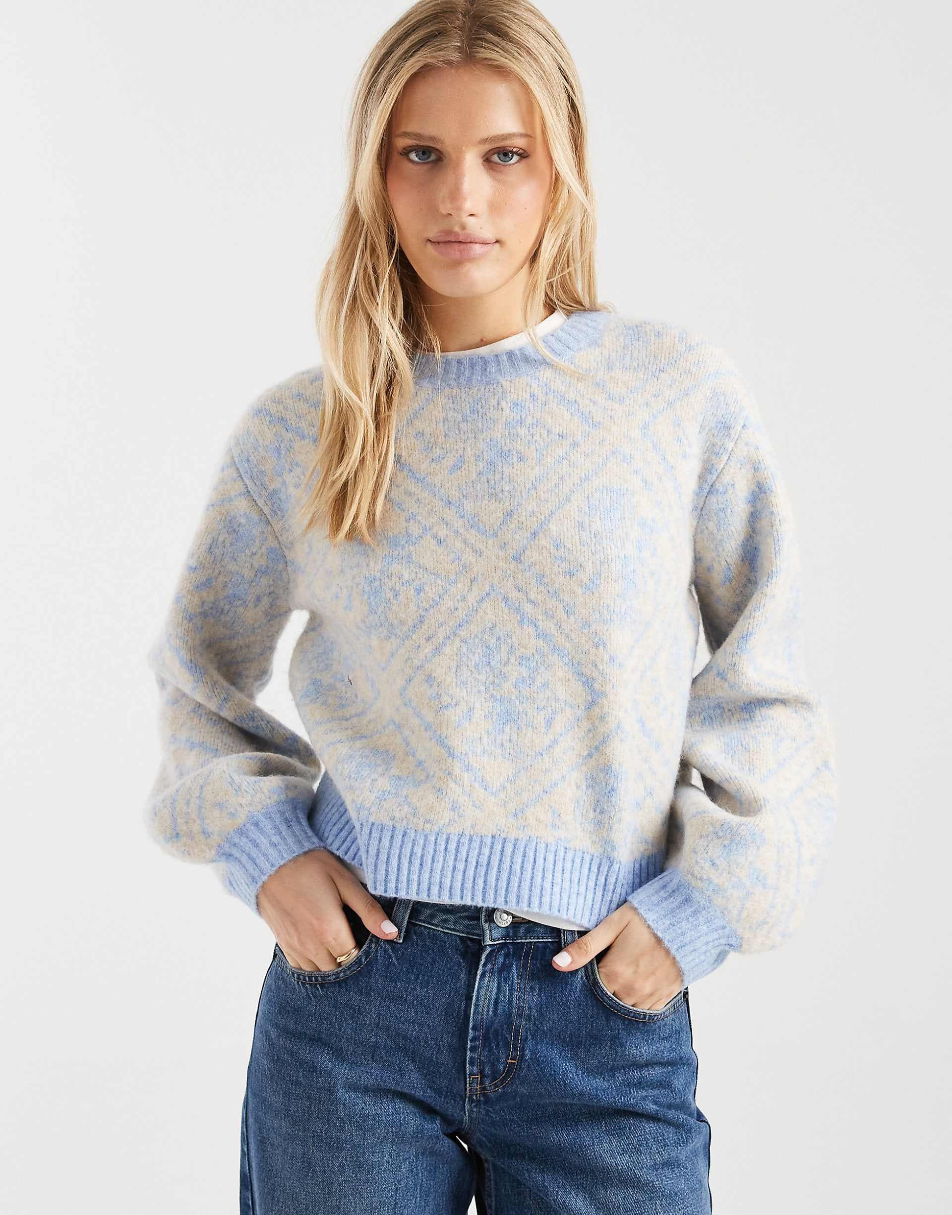 Miss Selfridge diamond floral slouchy sweater in light blue