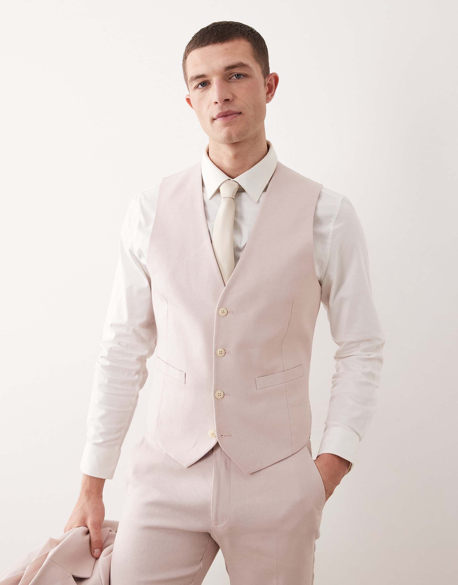 ASOS DESIGN linen rich suit vest in light pink