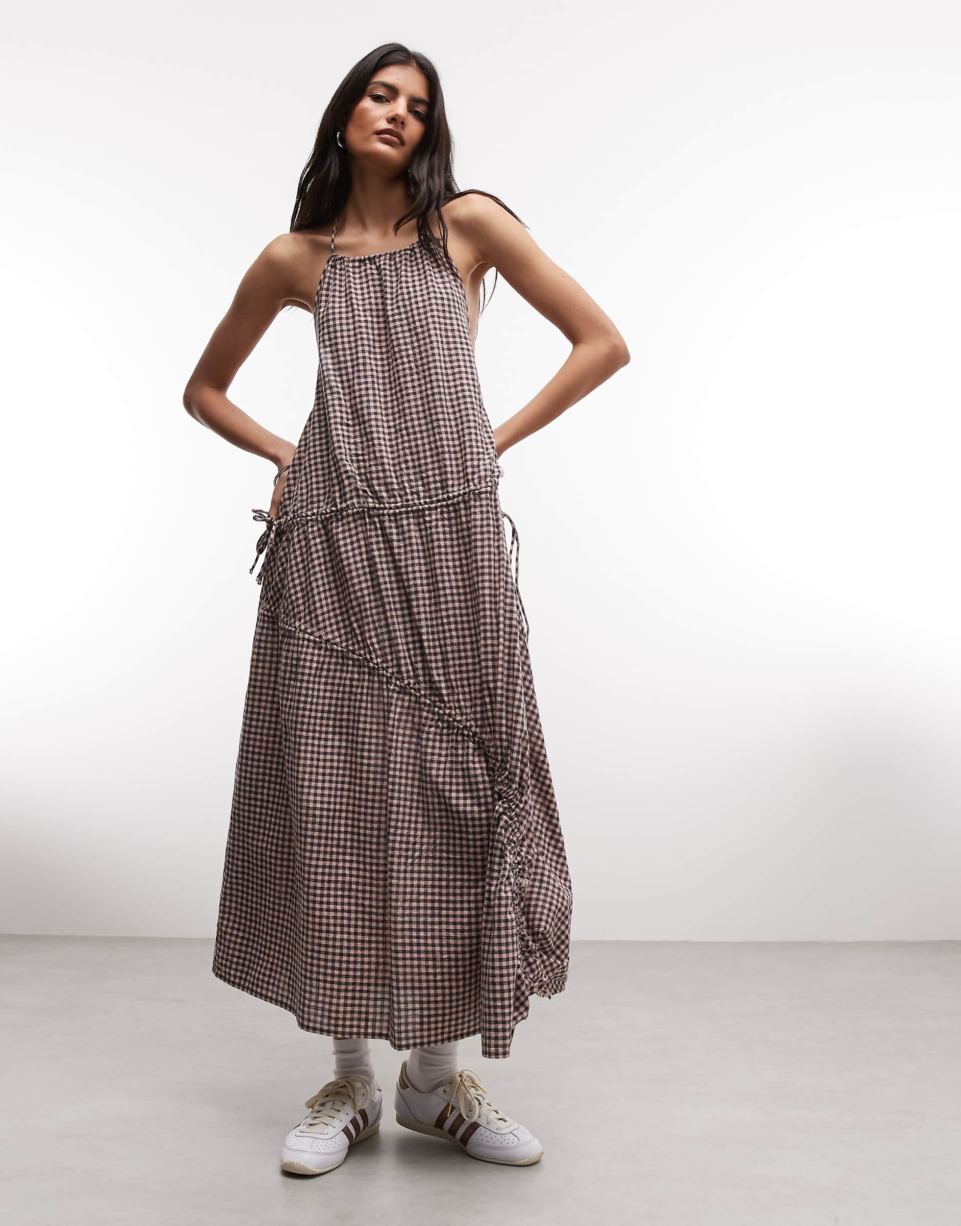 COLLUSION high neck channel detailing midi dress in pink gingham