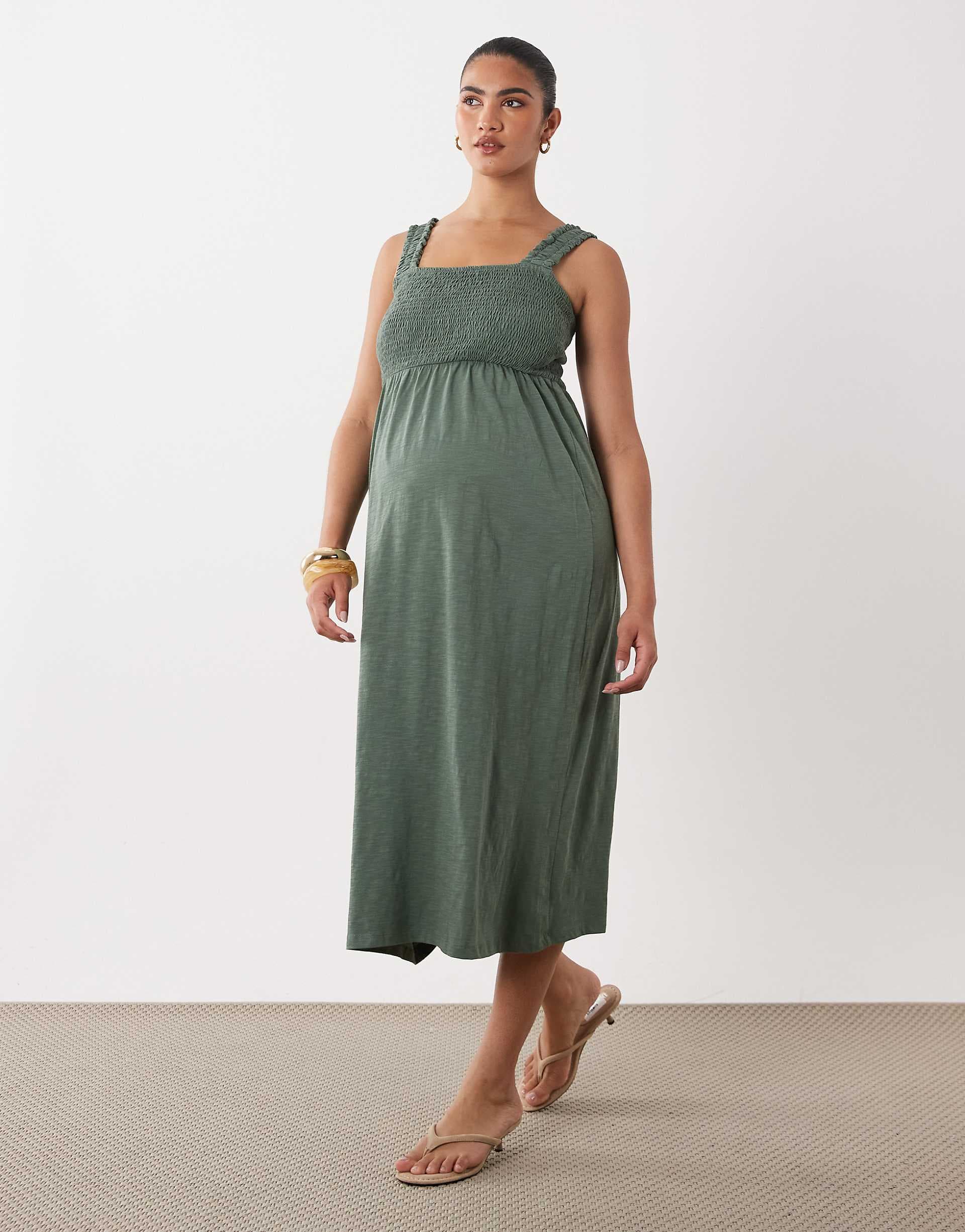 Mamalicious Maternity shirred bust detail midi dress in laurel green