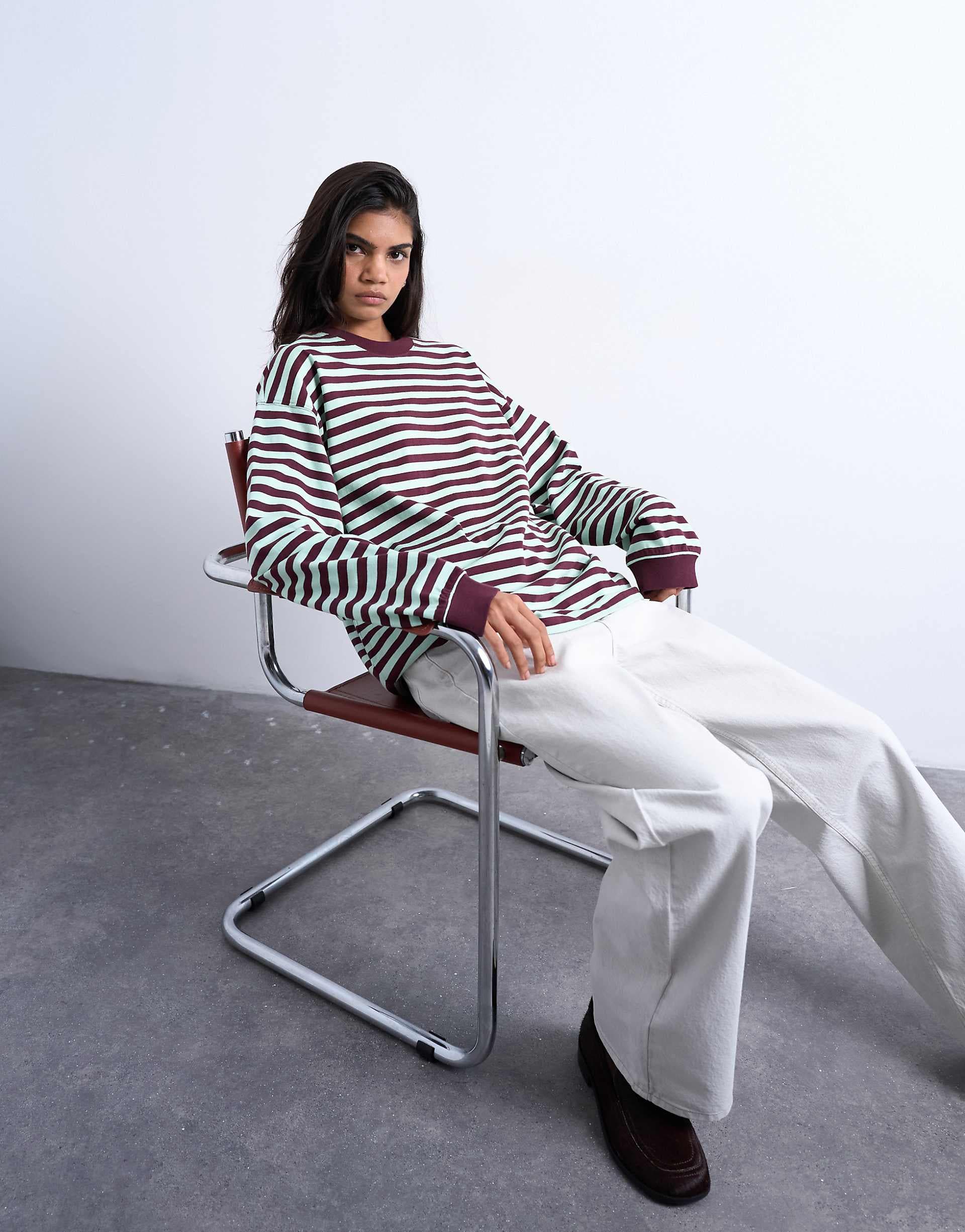 Topshop striped long sleeve slouchy skater tee in mint and burgundy