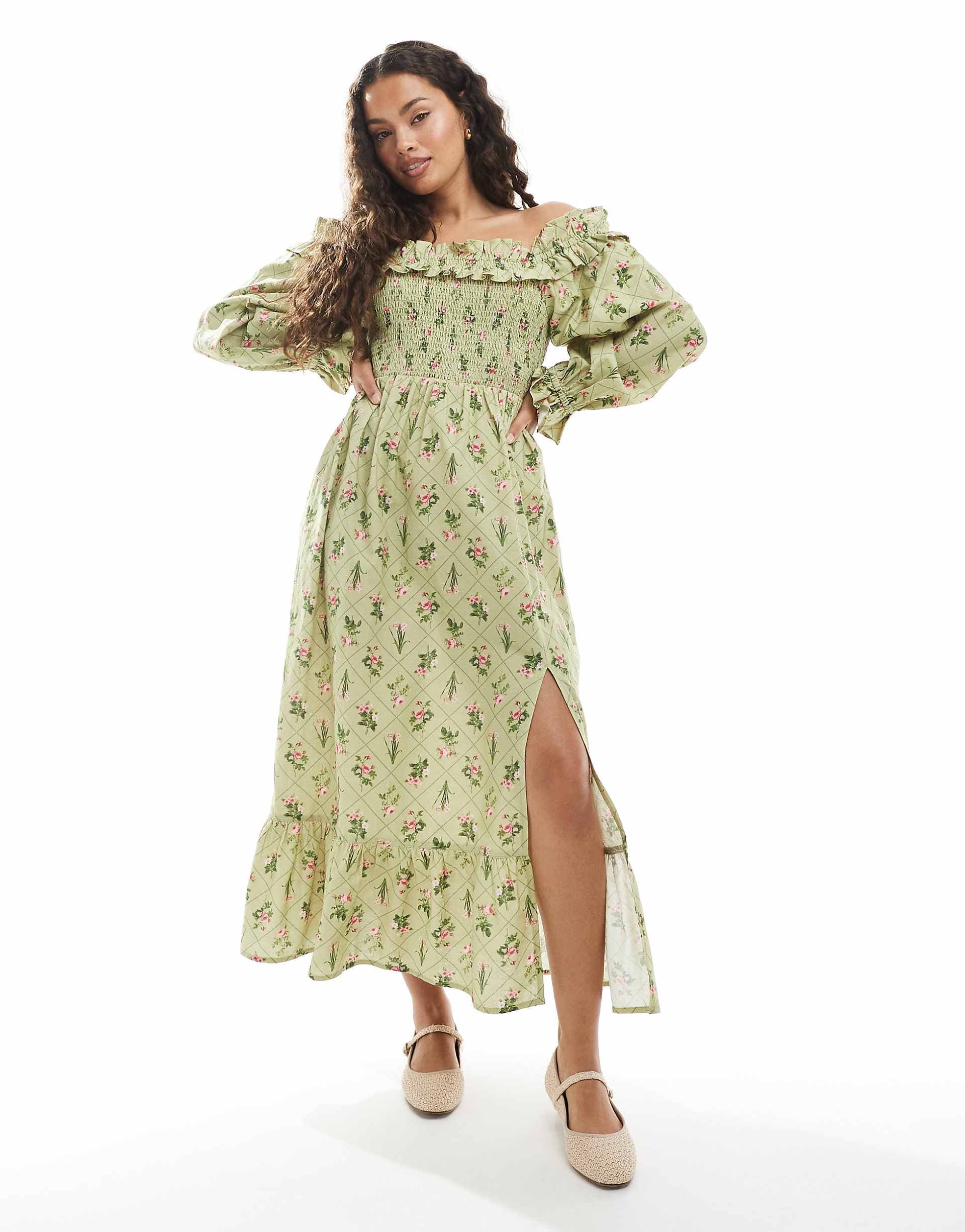Miss Selfridge Petite printed linen blend bardot maxi dress in green floral