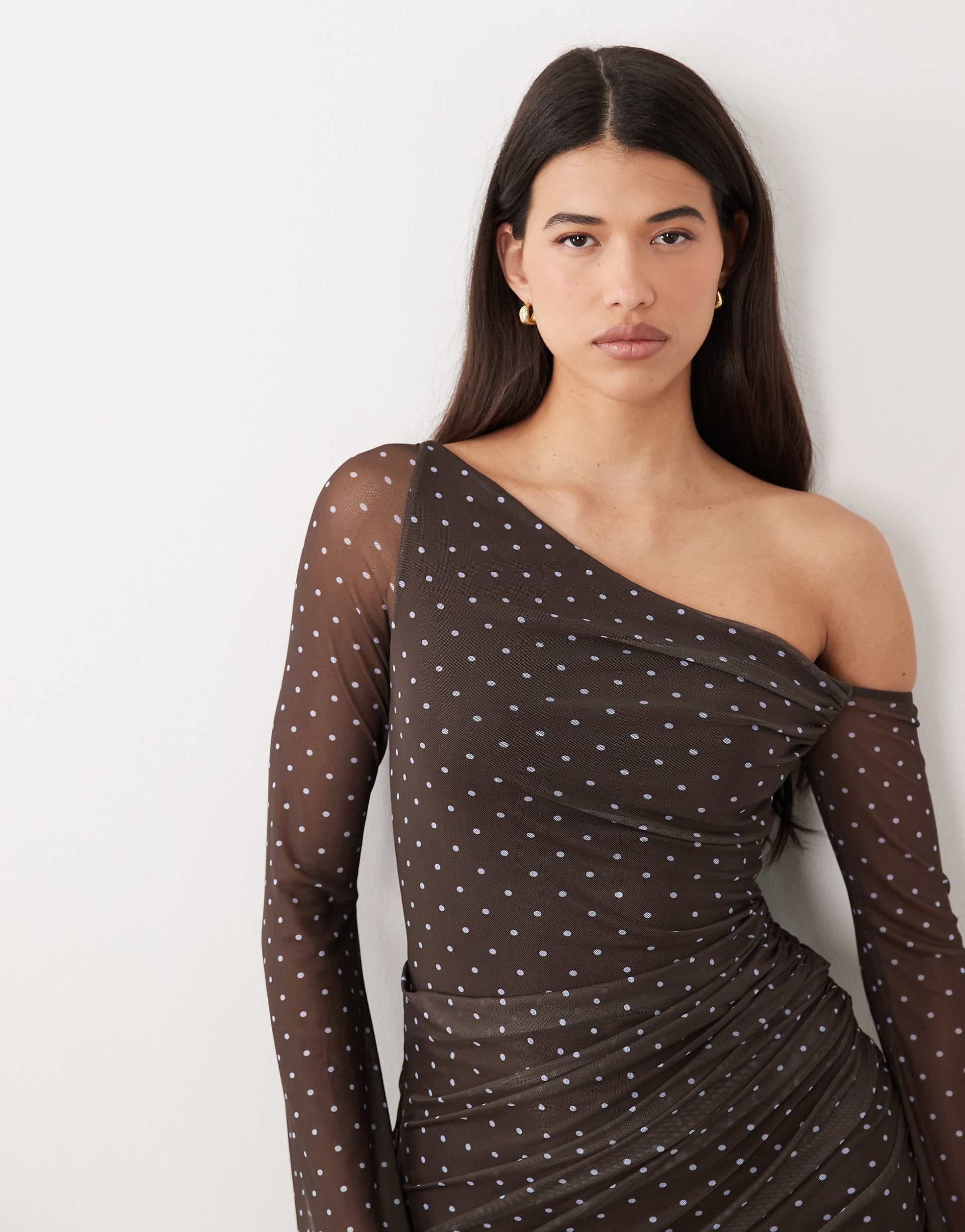 ASOS DESIGN printed mesh off-shoulder mini dress with angel sleeve in dot print