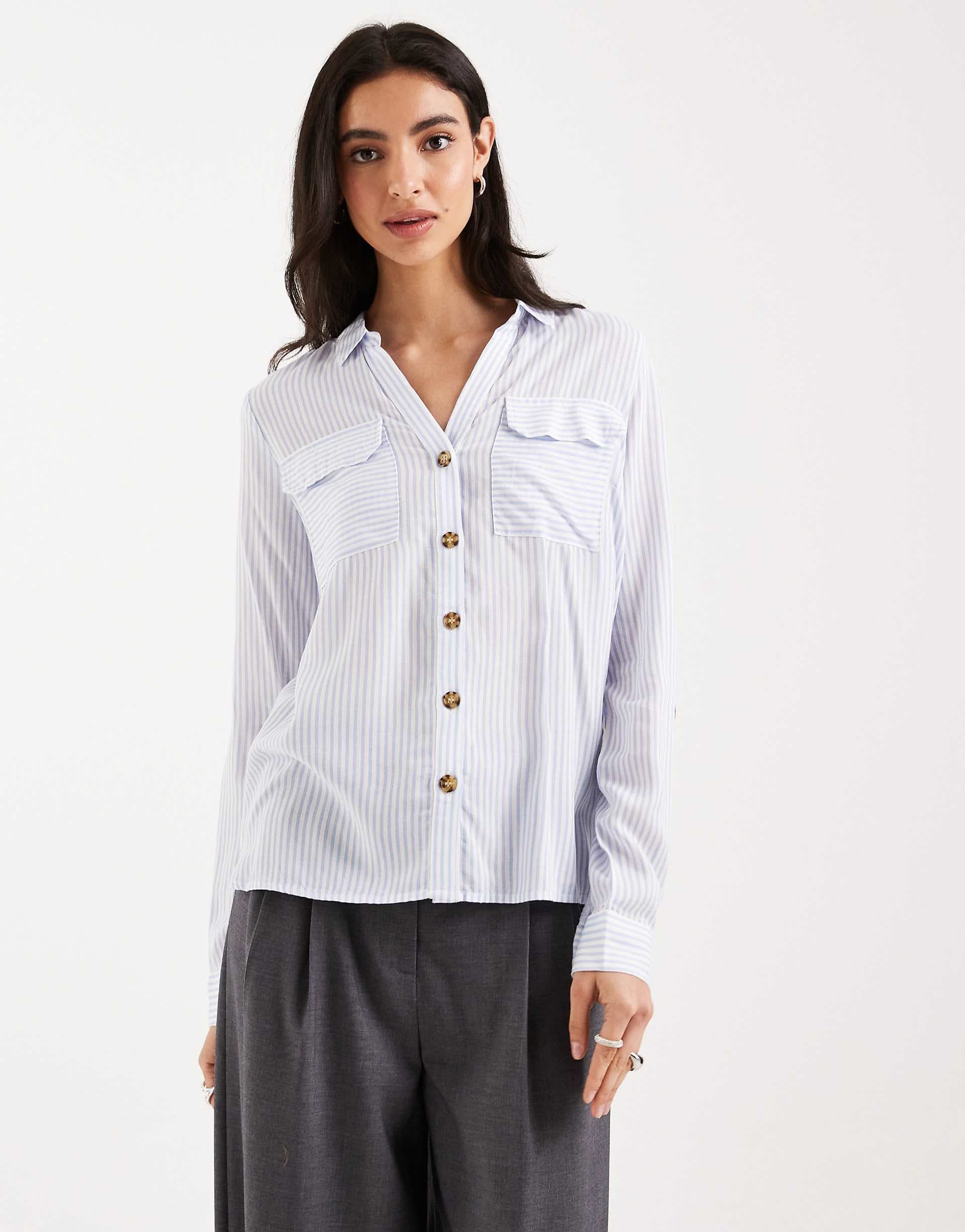 Vero Moda pocket front shirt in brunnera blue and white stripes