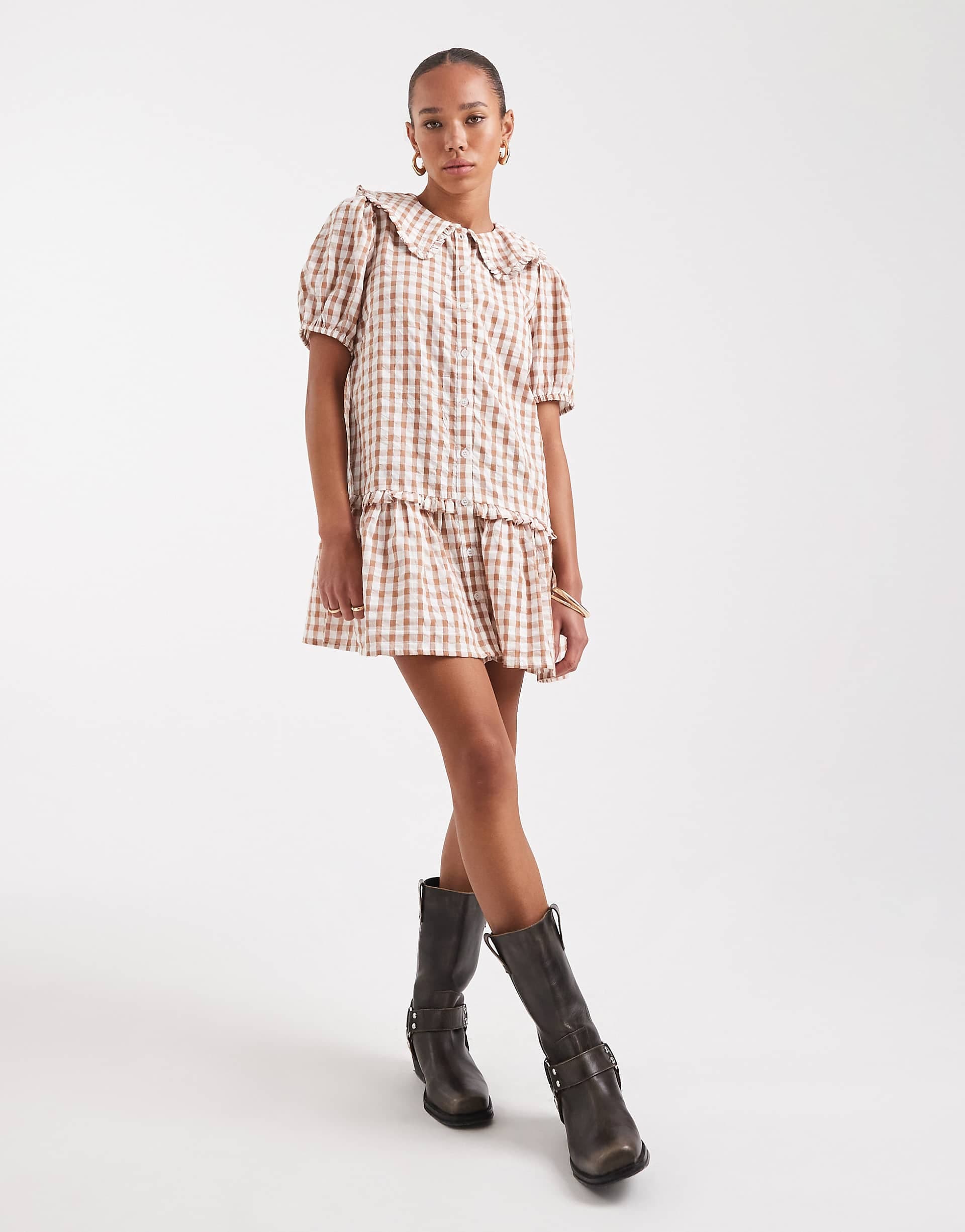 Wednesday's Girl gingham textured smock mini dress in rust