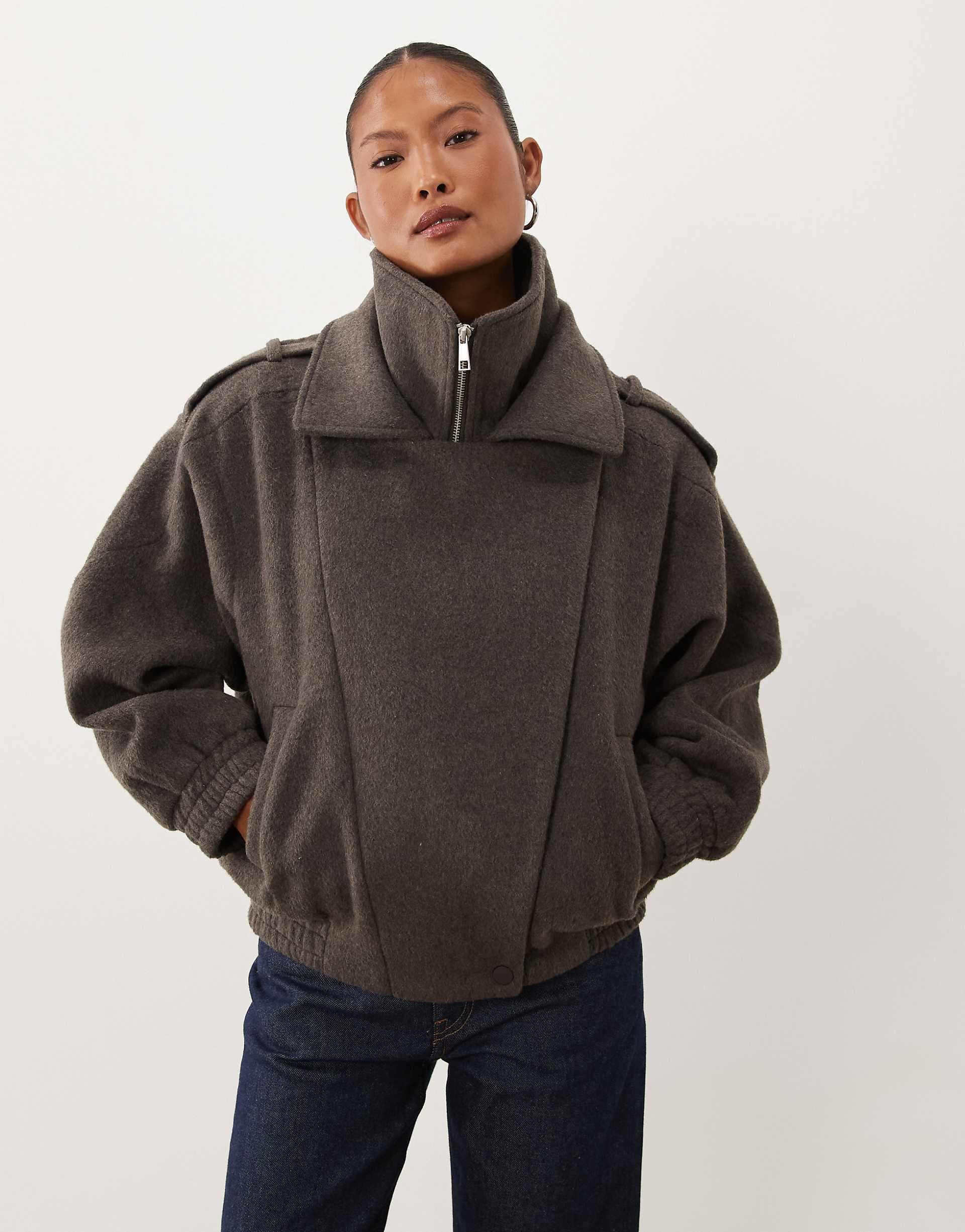 ASOS DESIGN Petite formal oversized moto jacket with wool in charcoal