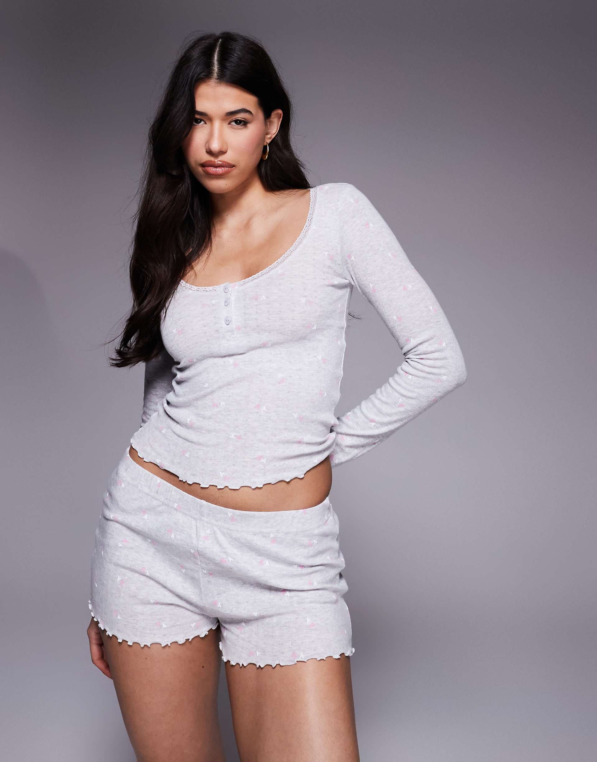 Boux Avenue heart pointelle long sleeve top and shorts pajama set in heather gray