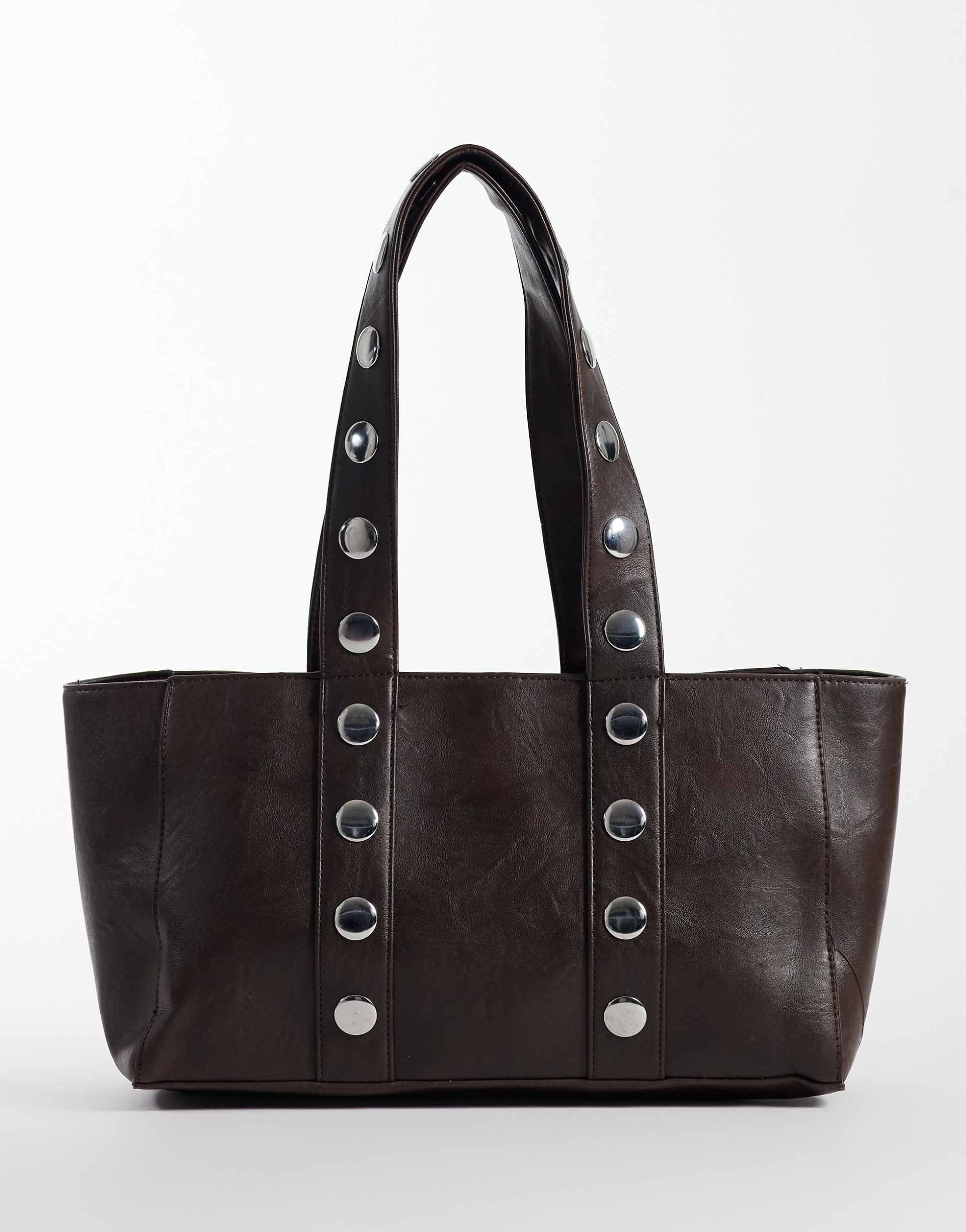 Kaiia exclusive silver hardware studded faux leather tote bag in brown